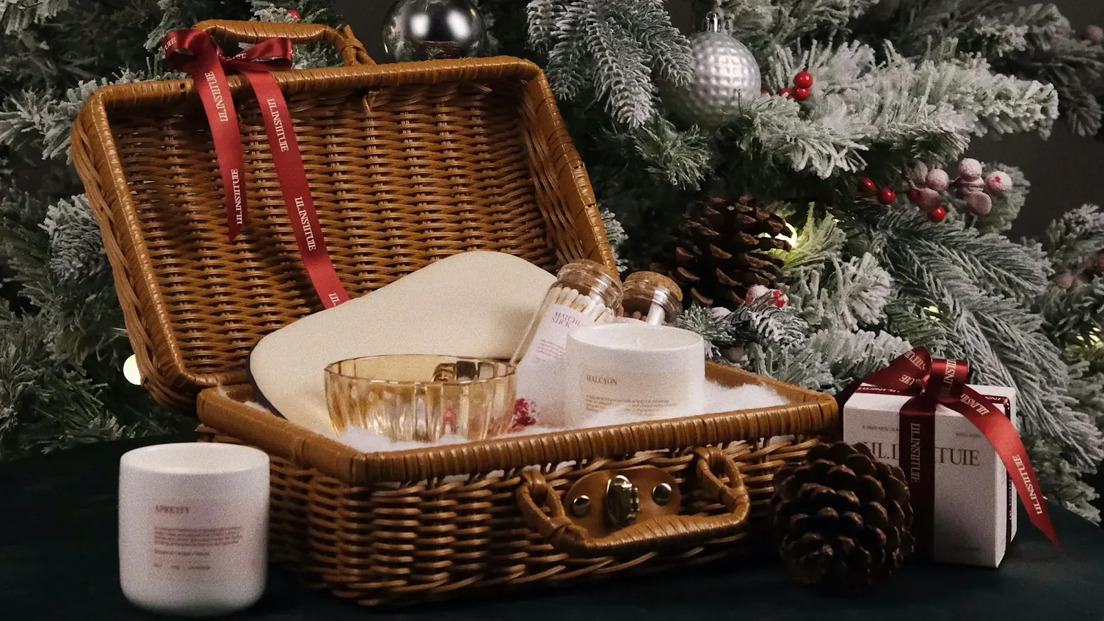 Cesta de vime aberta com velas, um pote de vidro e uma caixa de presente com laço vermelho, ao lado de uma árvore de Natal enfeitada