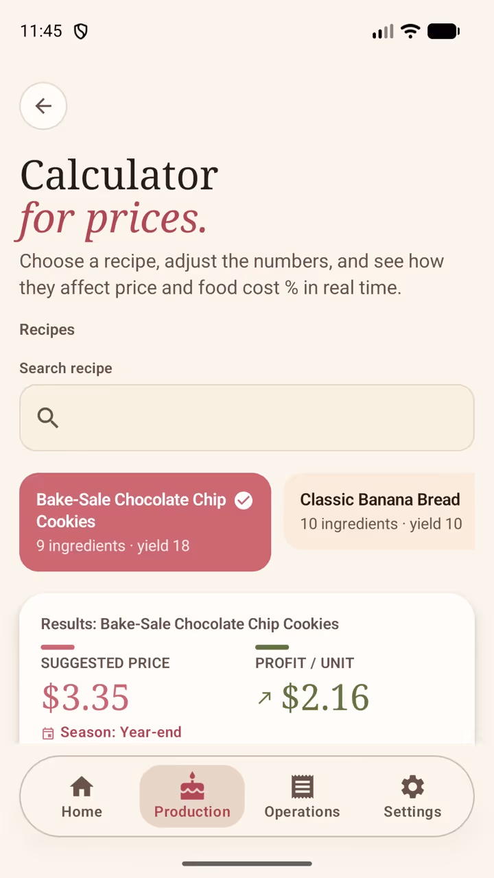 Price calculator in Receitório on Android, with the search field and the suggested price and profit per unit