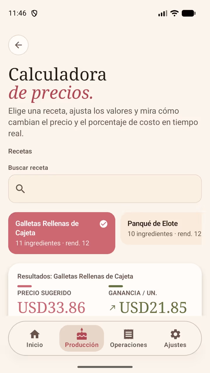 Calculadora de precios de Receitório en Android, con el precio sugerido y la ganancia por unidad