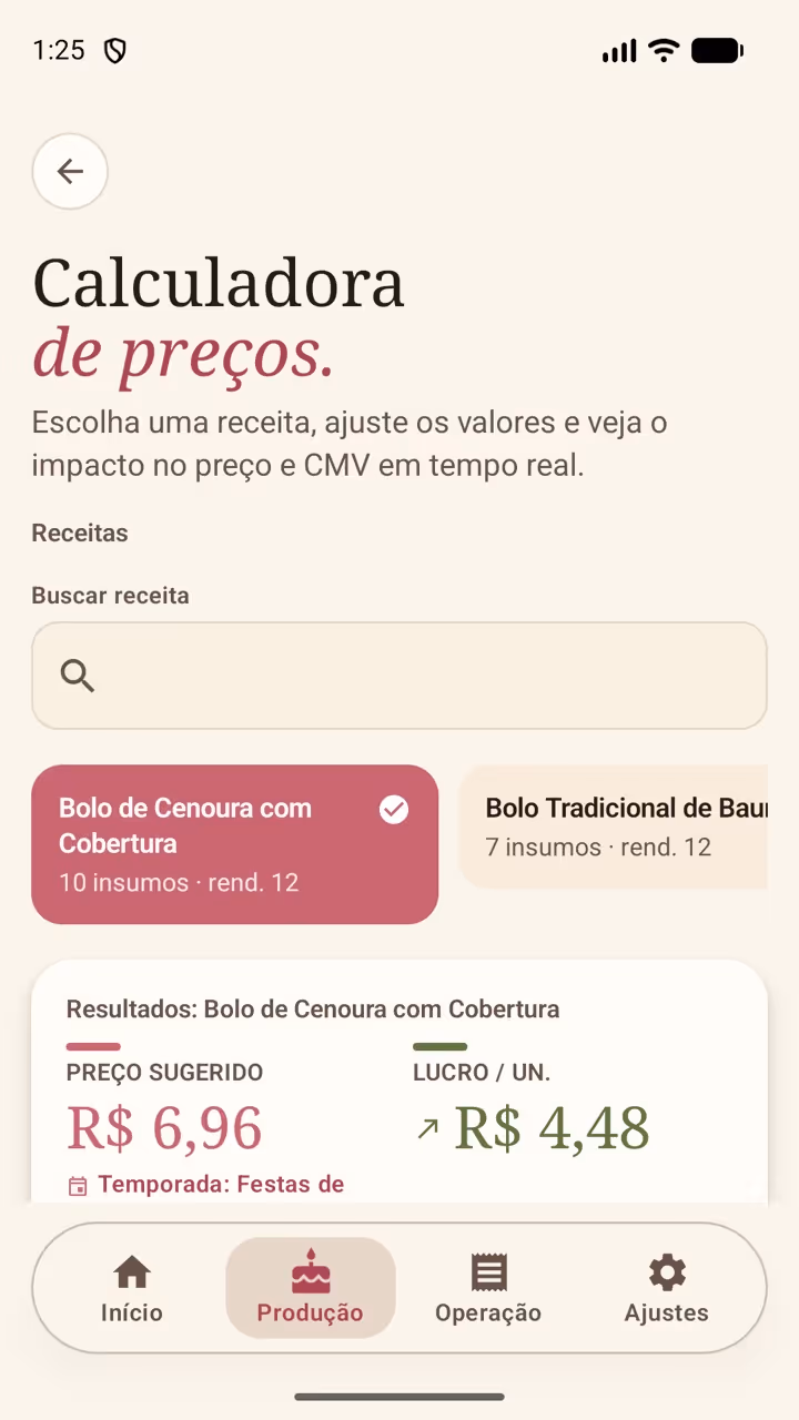 Calculadora de preços do Receitório no Android com preço sugerido e lucro por unidade