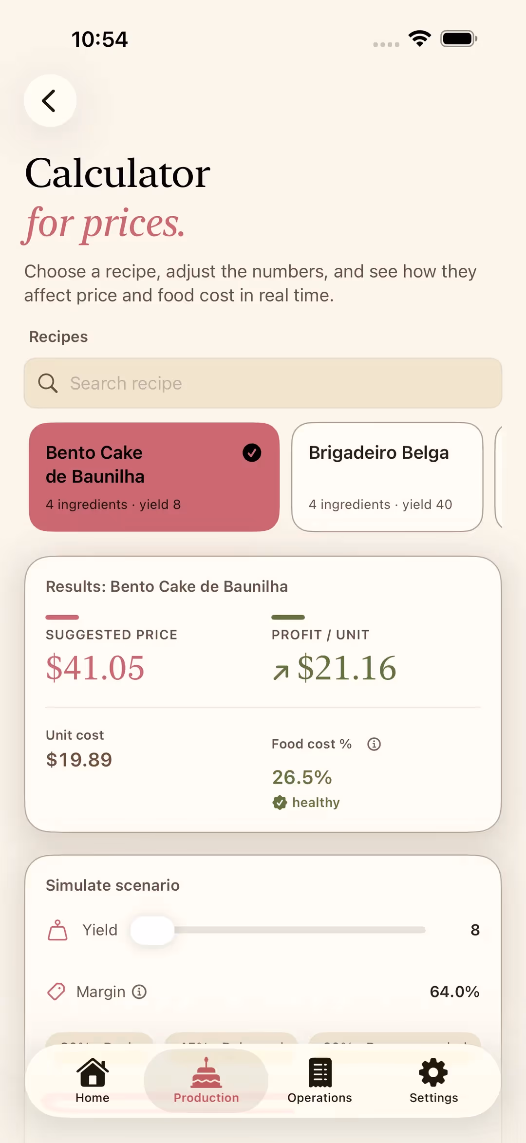 The price calculator in Receitório on iPhone, showing suggested price, profit per unit, unit cost and food cost percentage