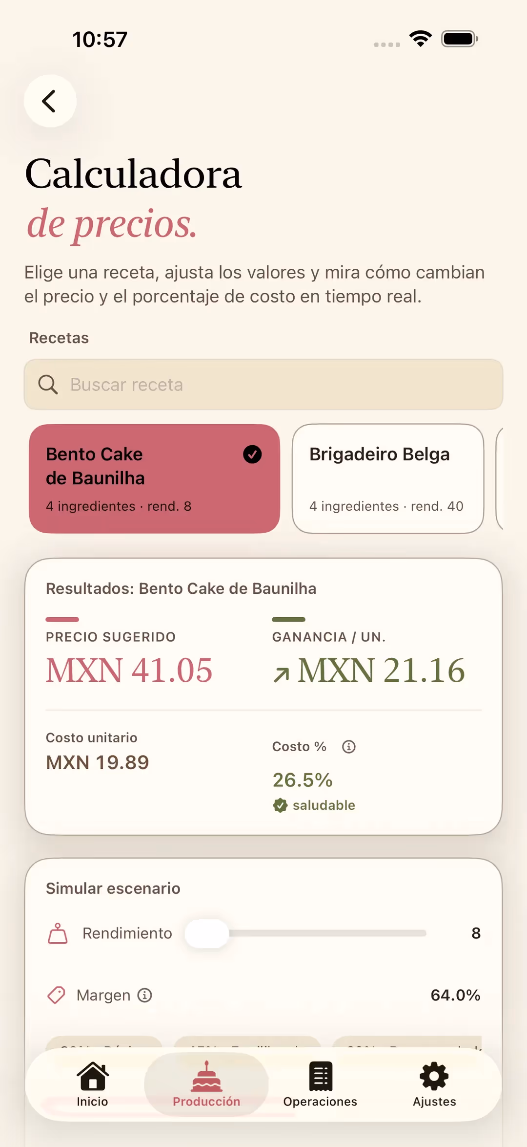 Calculadora de precios de Receitório en iPhone, con el precio sugerido, la ganancia por unidad, el costo unitario y el porcentaje de costo