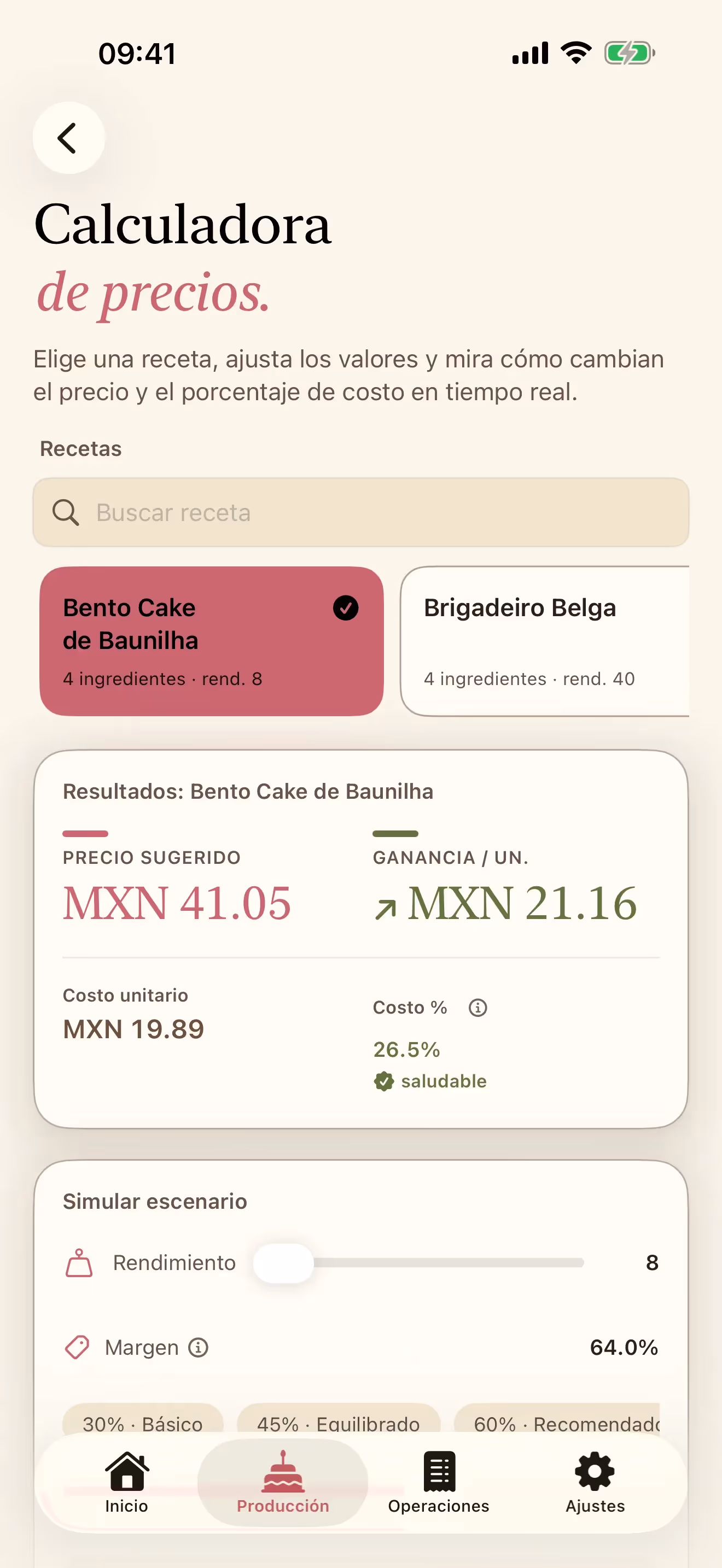 Calculadora de precios de Receitório en iPhone, con el precio sugerido, la ganancia por unidad, el costo unitario y el costo %