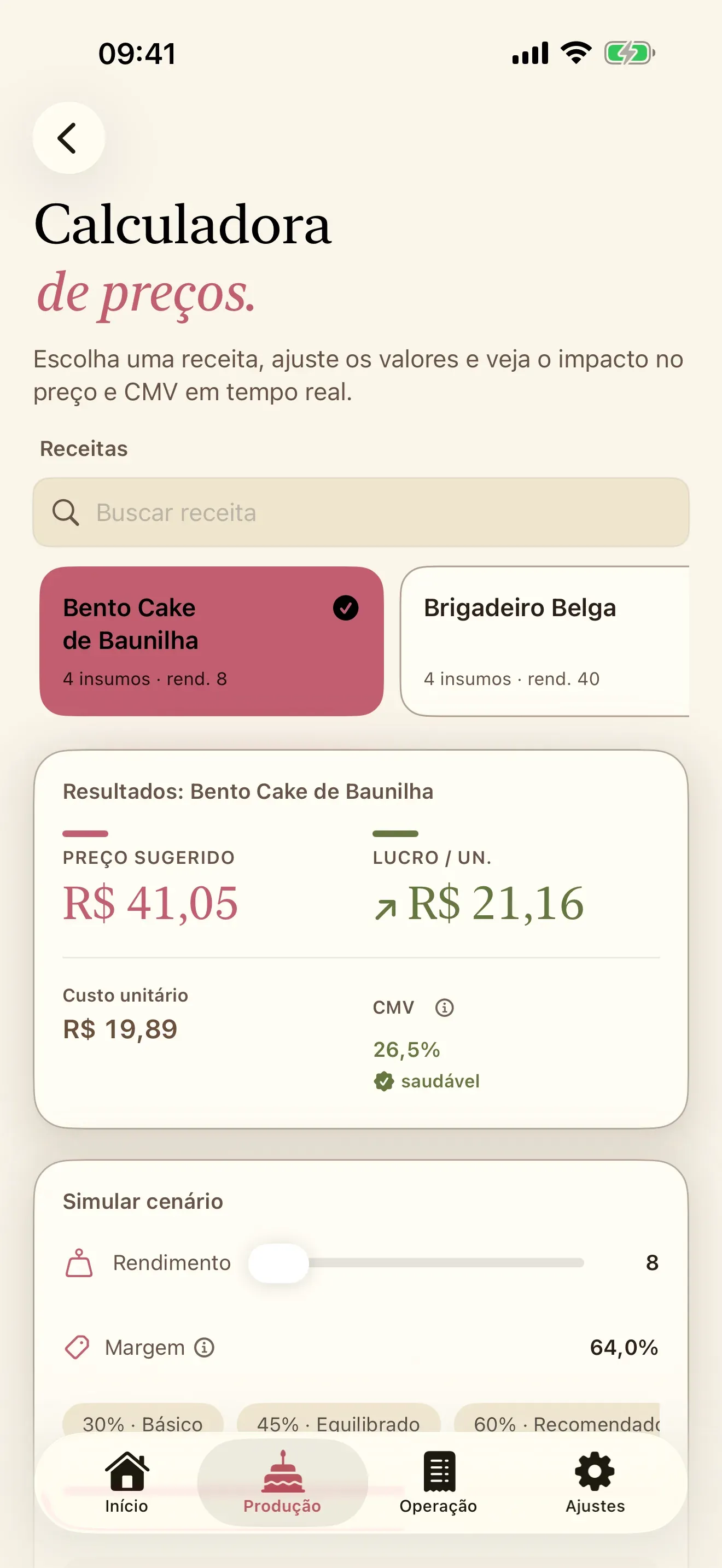 Calculadora do Receitório com o custo, a margem e o preço sugerido de um doce