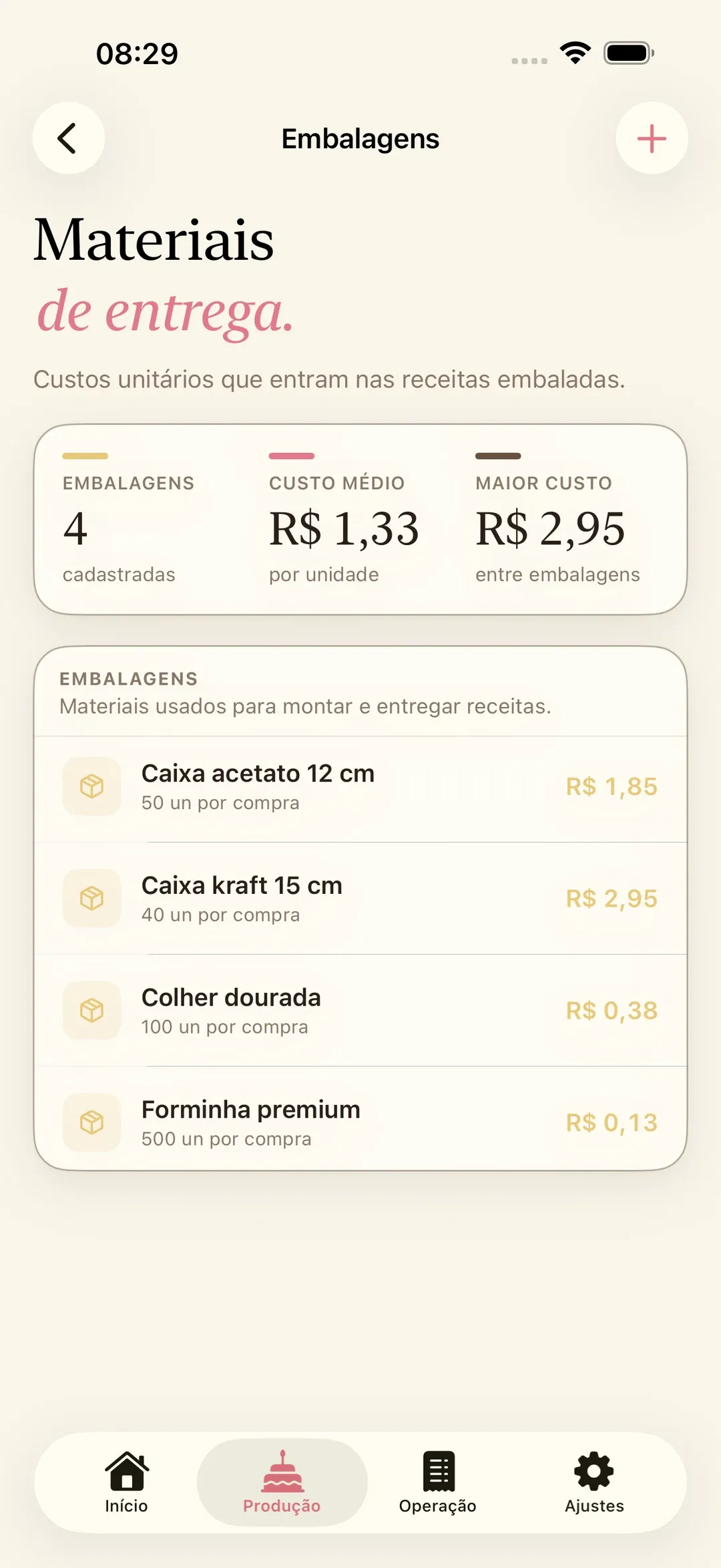 Tela de embalagens do Receitório com o custo de forminhas e caixas