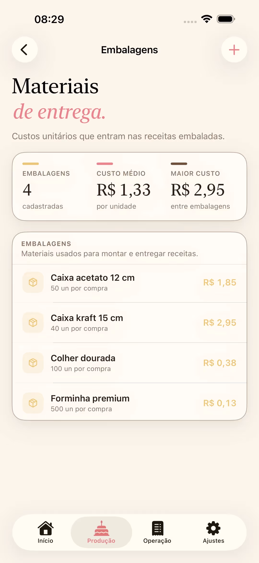 Tela Embalagens do Receitório no iPhone com lista de materiais de entrega e custos unitários