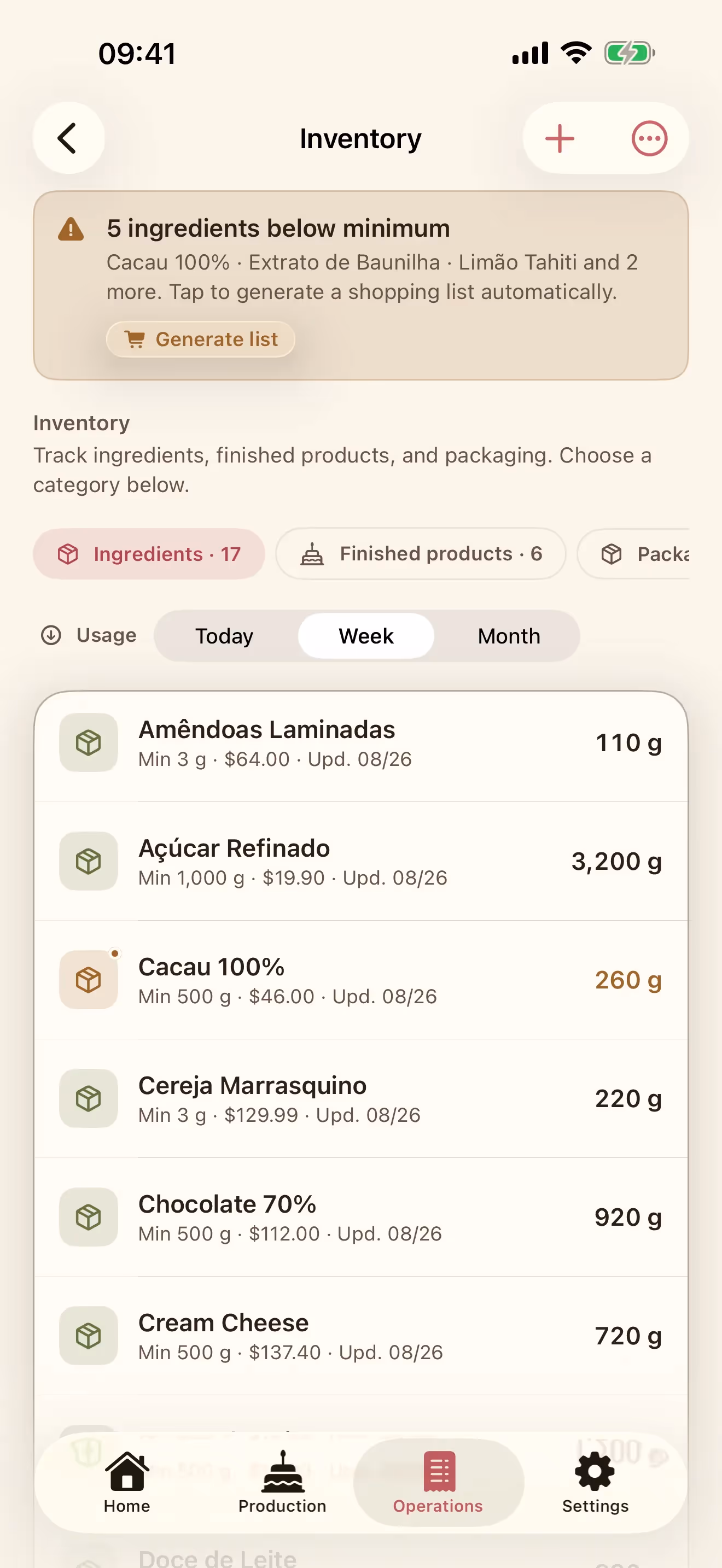 Het scherm Voorraad van Receitório op iPhone met de voorraadniveaus van ingrediënten en een melding bij het minimum