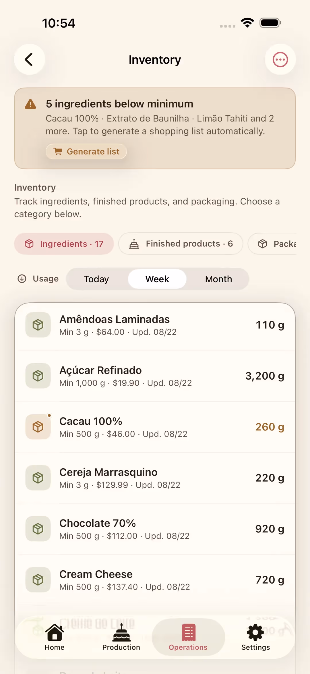 The Inventory screen in Receitório on iPhone, showing ingredient stock levels and low-stock warnings