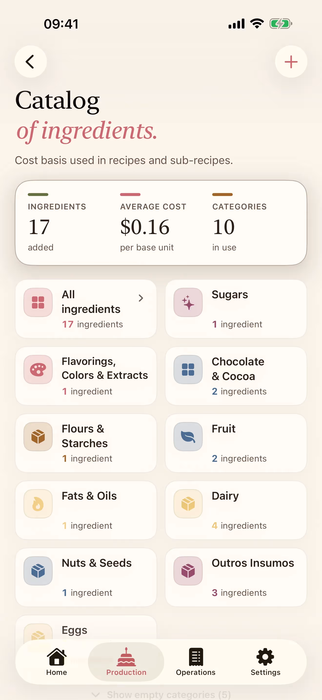 Het scherm Ingrediënten van Receitório op iPhone met de ingrediëntenlijst per categorie