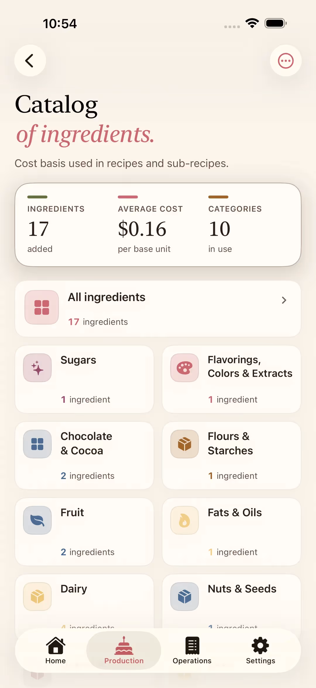 The Ingredients screen in Receitório on iPhone with the ingredient catalog by category