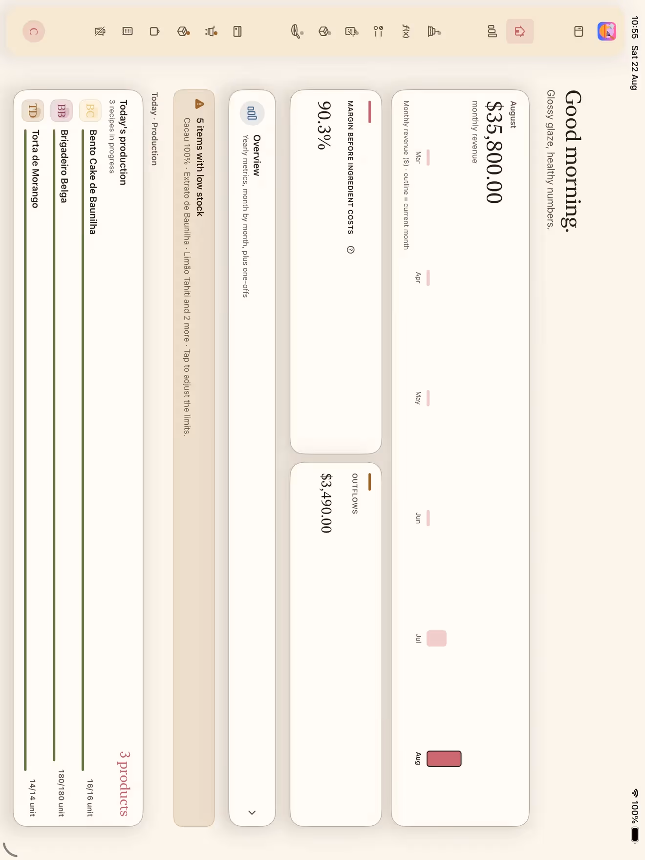 The Receitório home screen on iPad, with the bakery sidebar and the month's summary