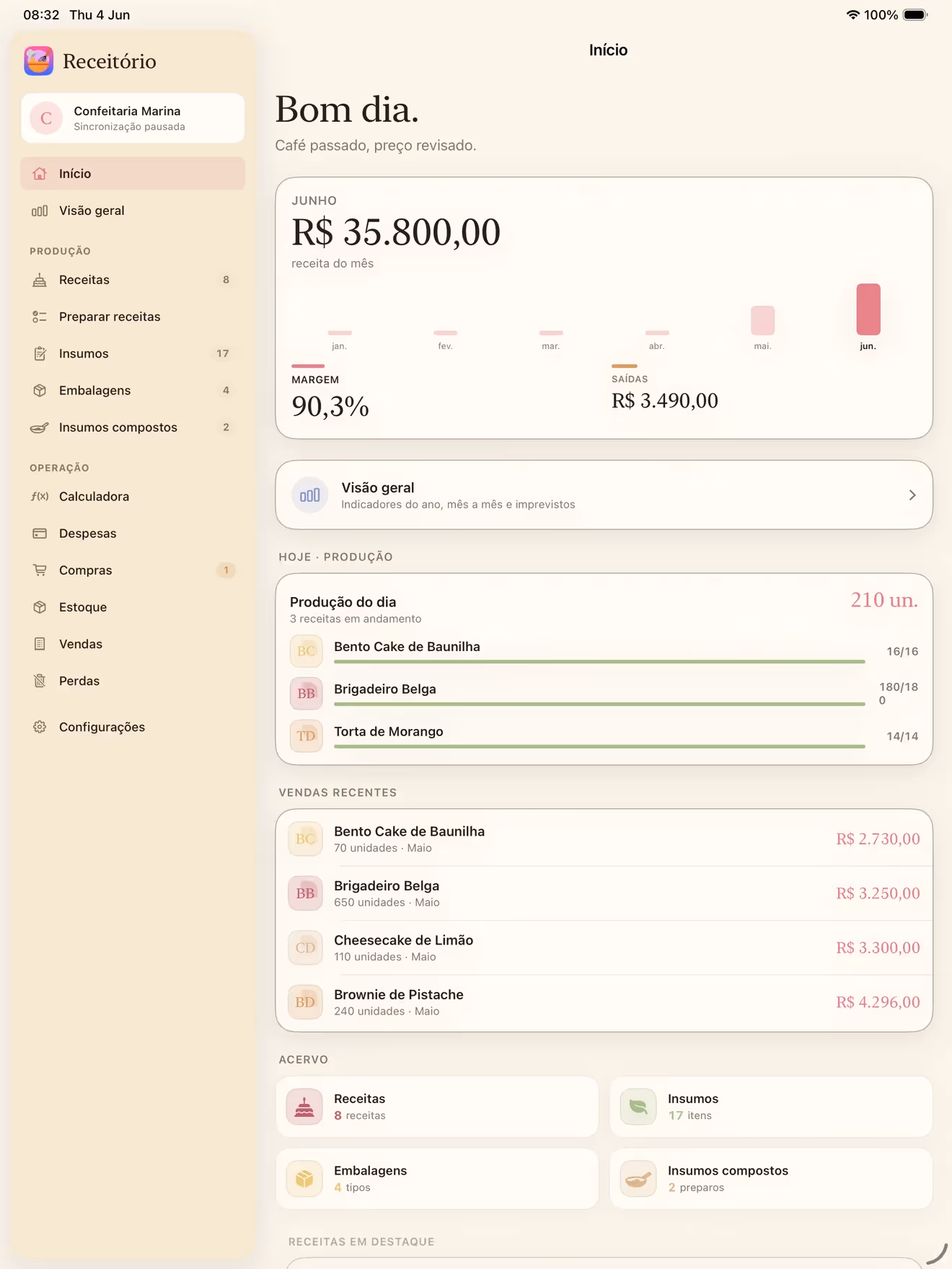 Tela inicial do Receitório no iPad com sidebar Confeitaria Marina e resumo do mês