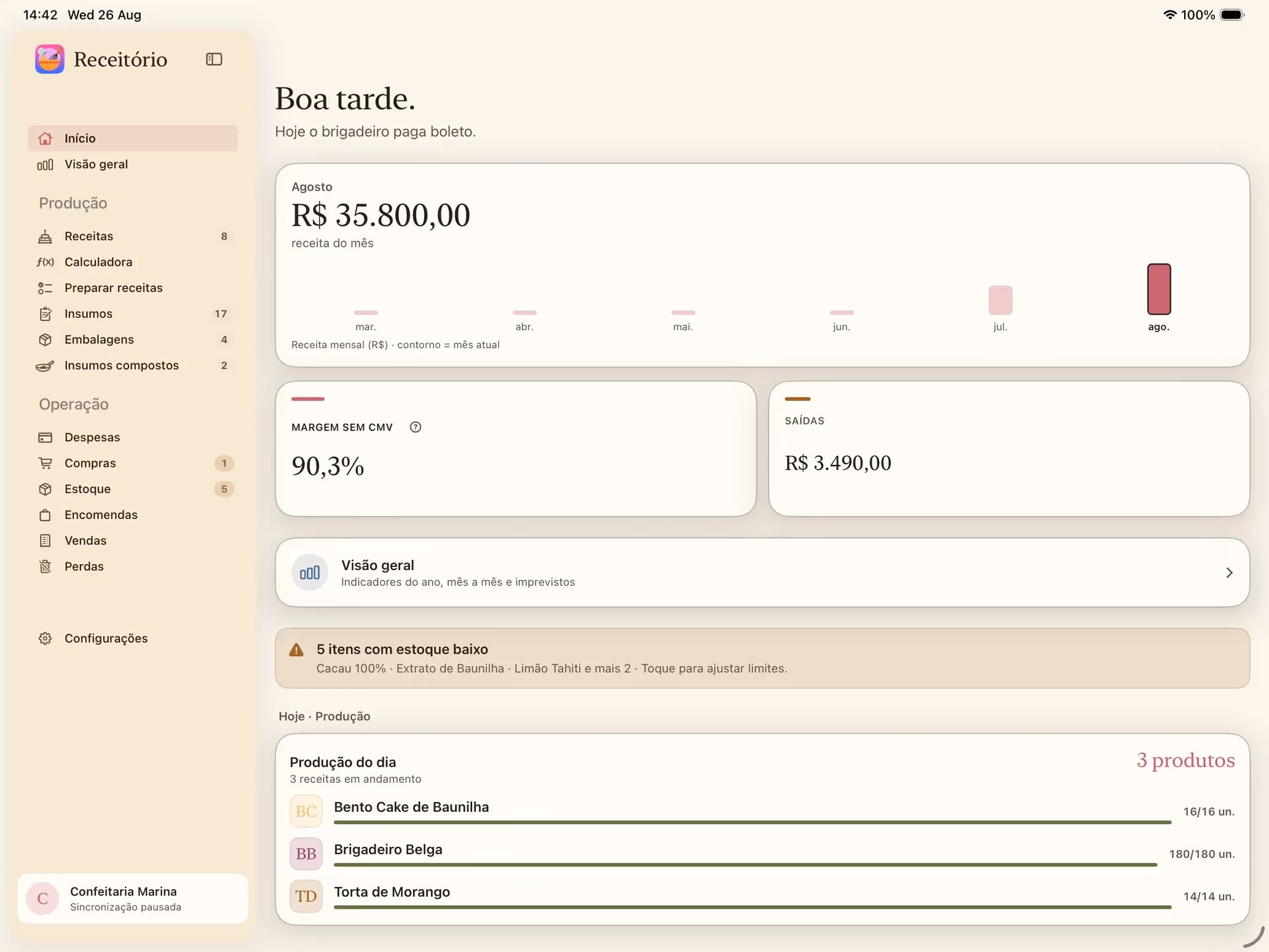 Tela inicial do Receitório no iPad com sidebar Confeitaria Marina e resumo do mês