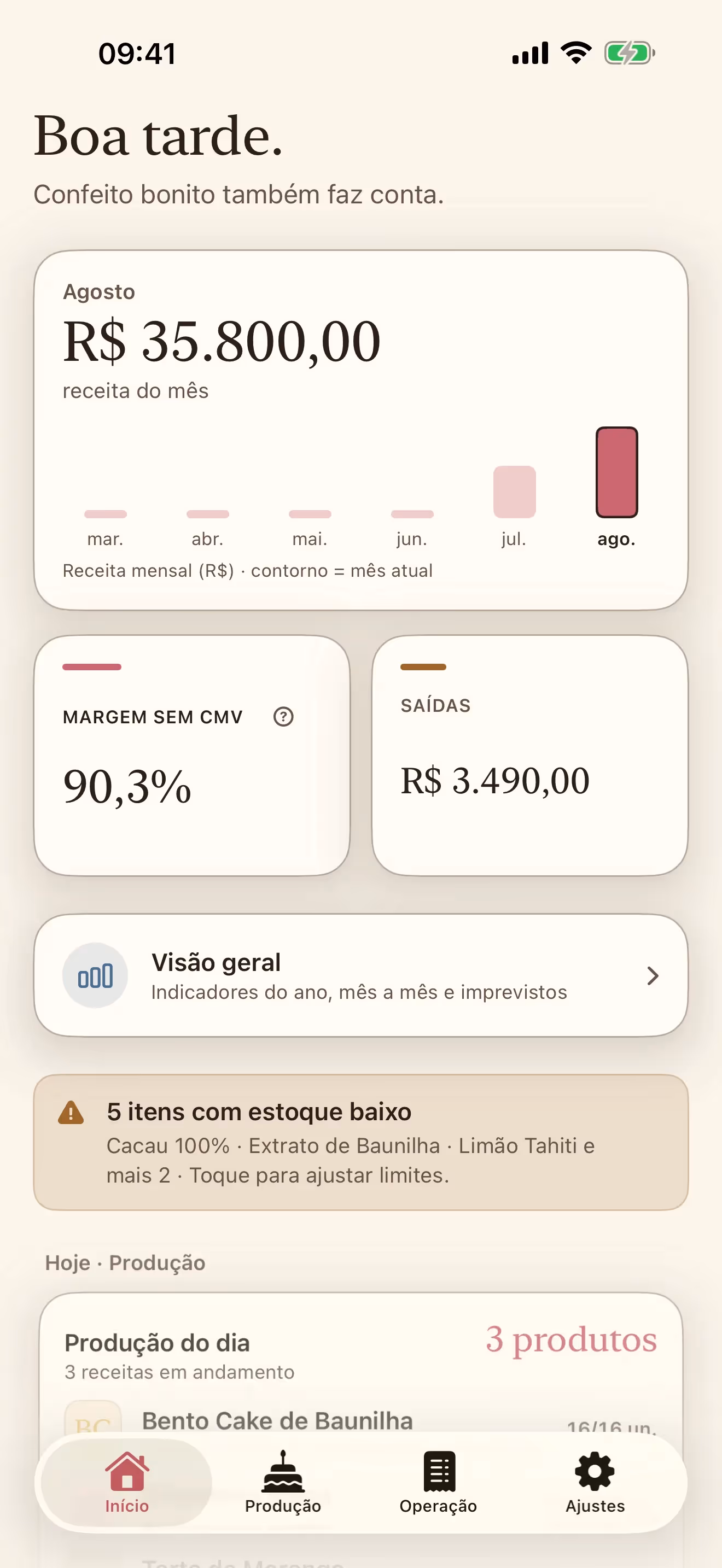 Tela inicial do Receitório no iPhone com receita do mês, margem de lucro, saídas e produção do dia