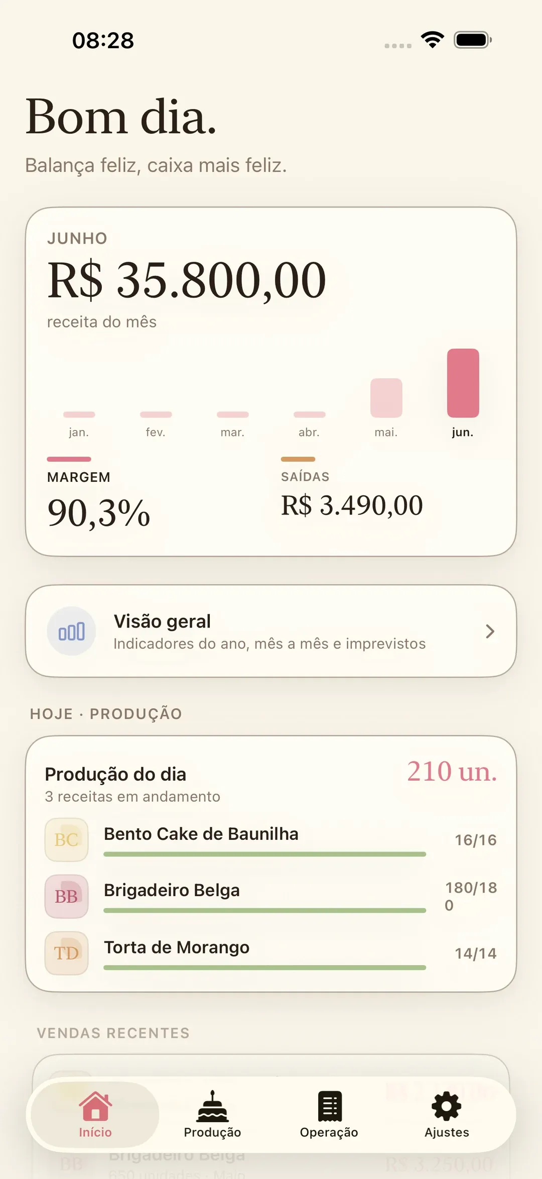 Tela inicial do Receitório com as vendas recentes