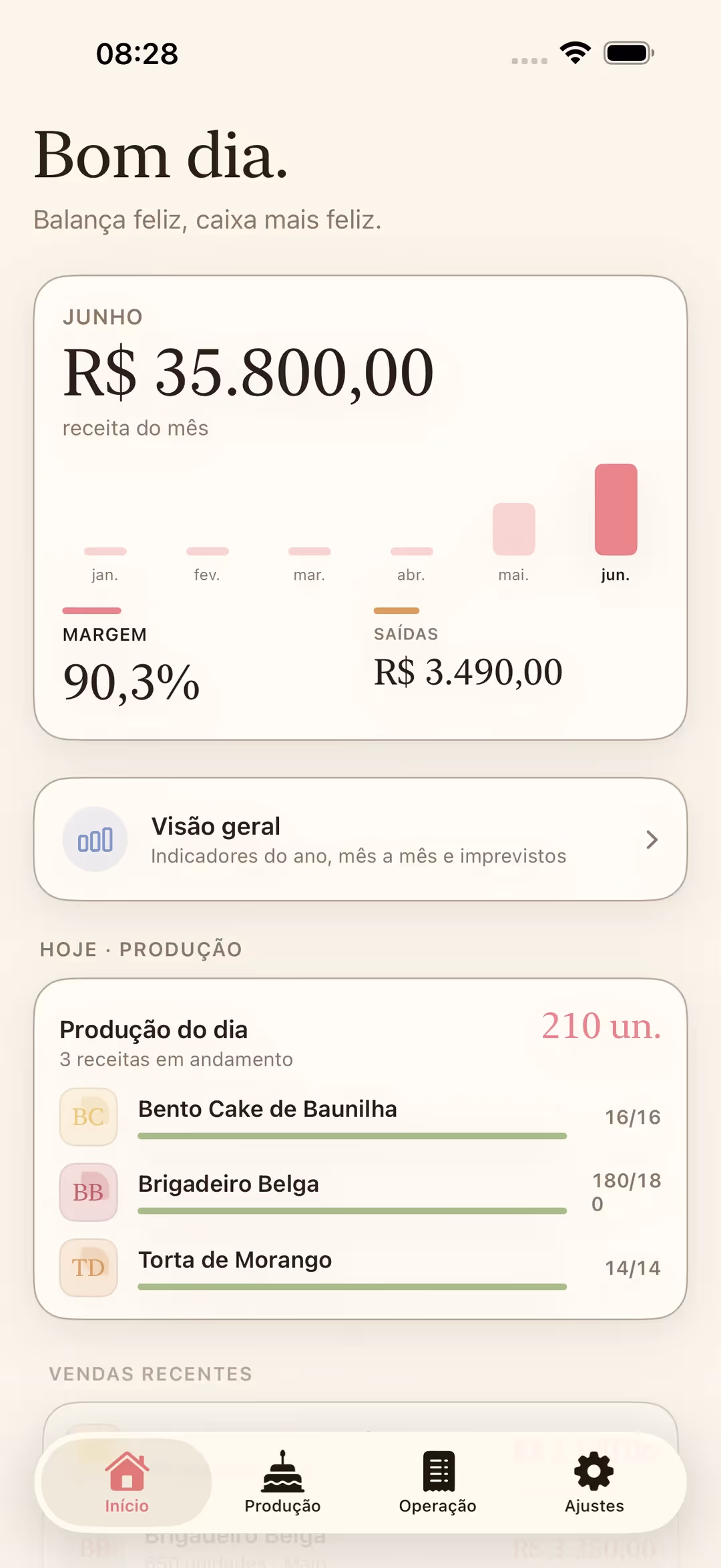 Tela inicial do Receitório no iPhone com receita do mês, margem de lucro, saídas e produção do dia