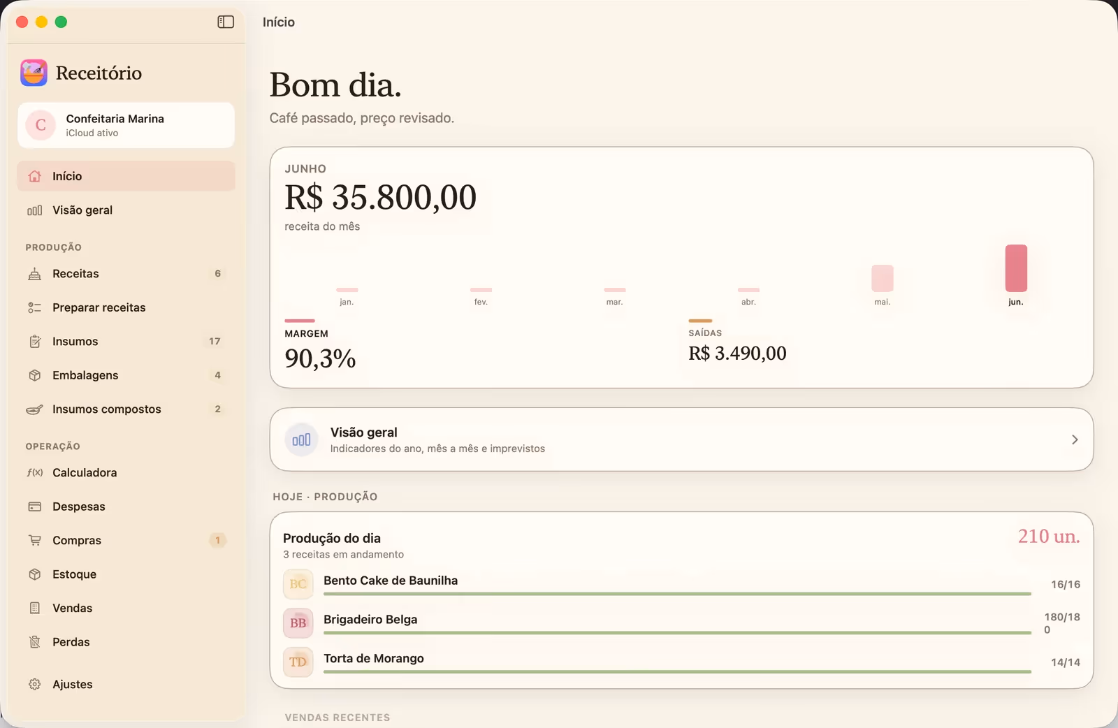 Prévia do Receitório no Mac: tela inicial com receita do mês, margem de lucro e produção do dia, ao lado da sidebar da confeitaria