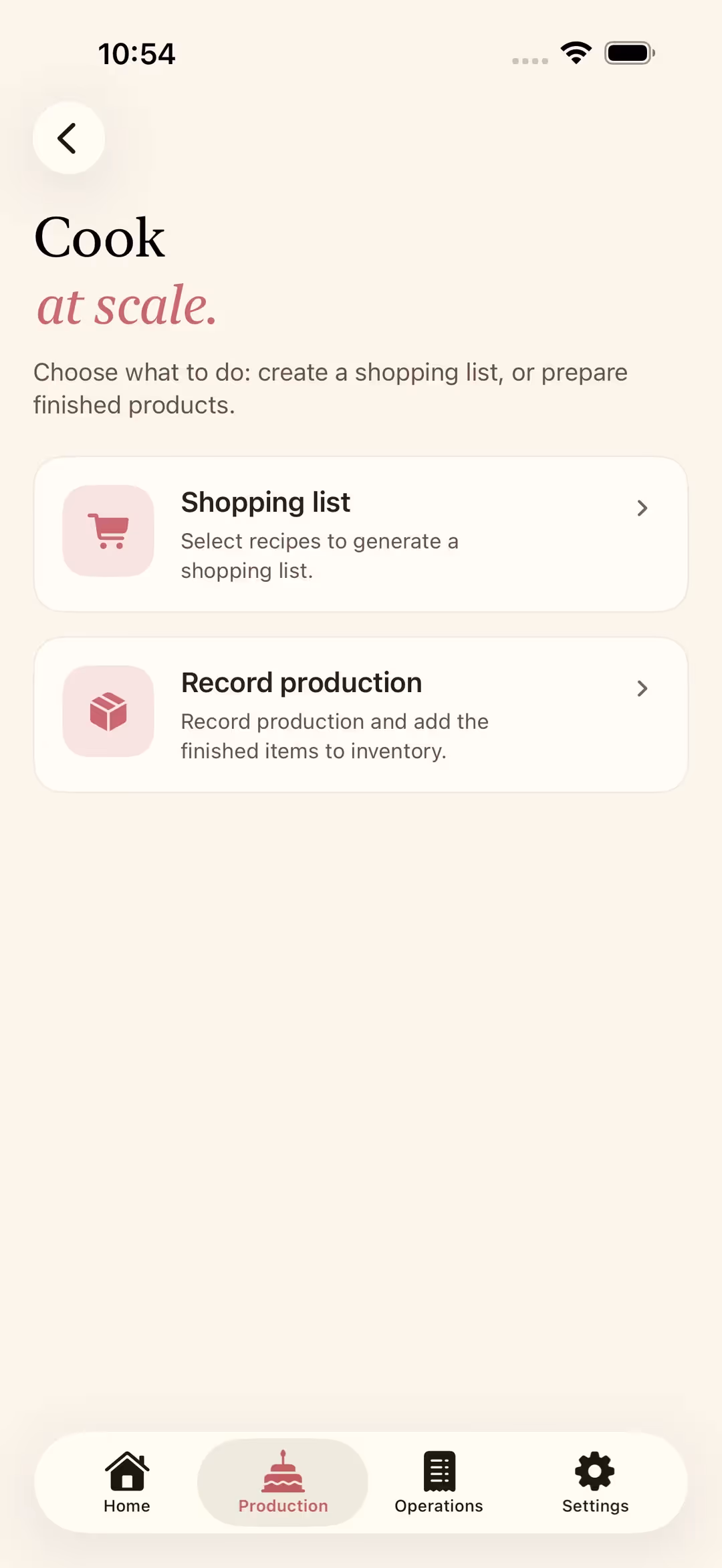 The Prepare recipes screen in Receitório on iPhone, with the options to generate a shopping list or add to inventory