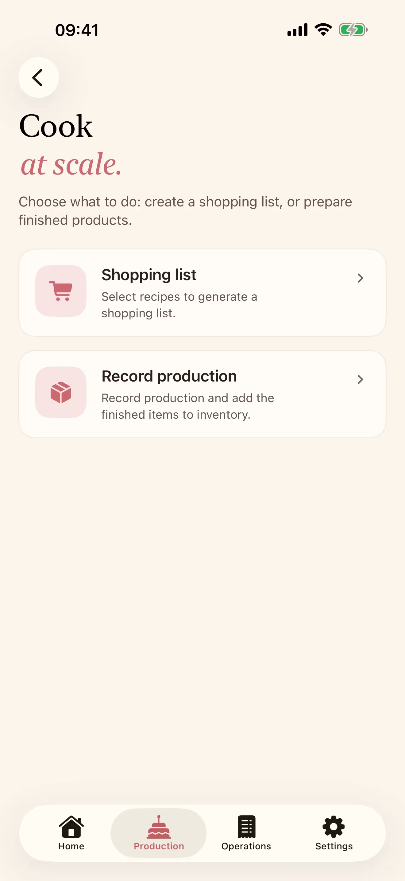 Het scherm Recepten bereiden van Receitório op iPhone, met de keuze tussen een boodschappenlijst maken of aan de voorraad toevoegen