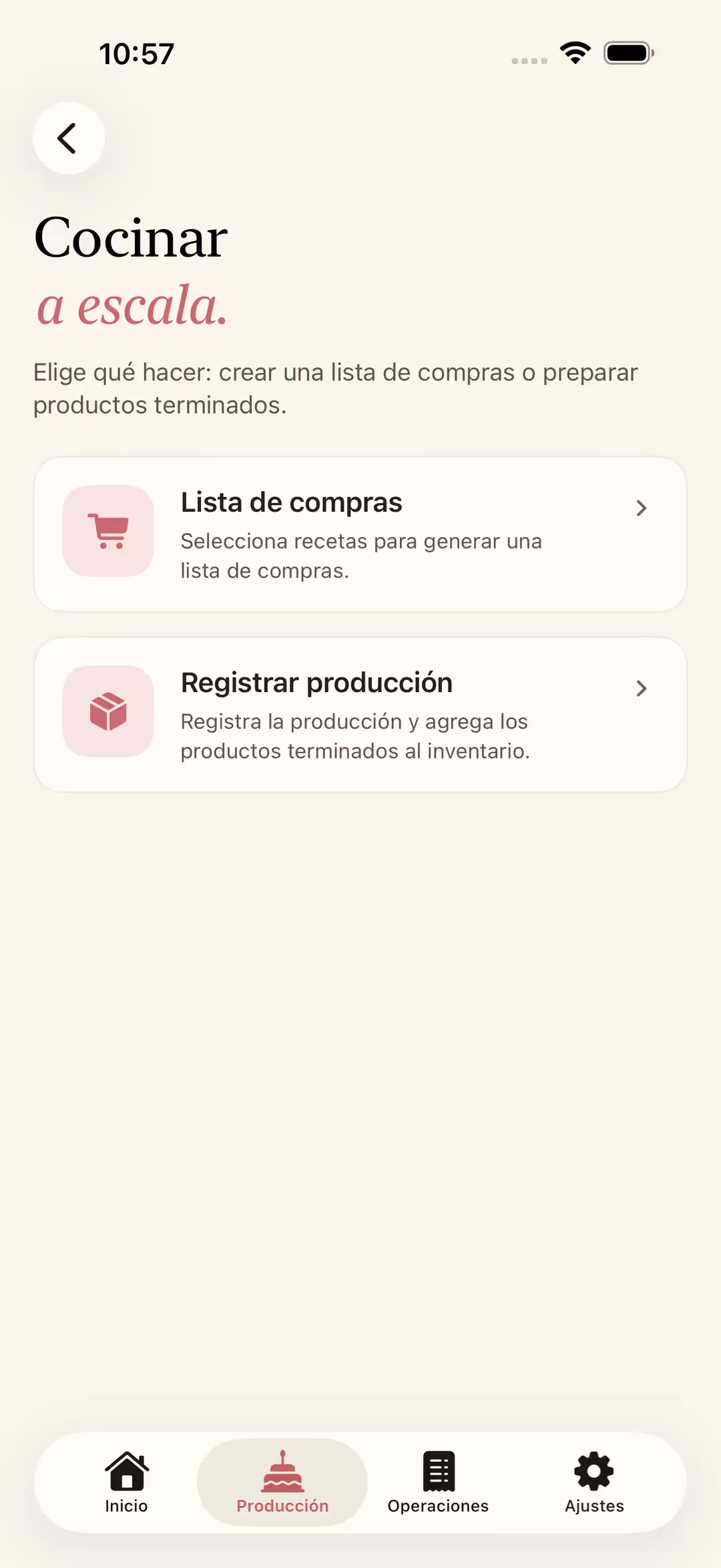 Pantalla Preparar recetas de Receitório en iPhone, con las opciones de generar una lista de compras o agregar al inventario