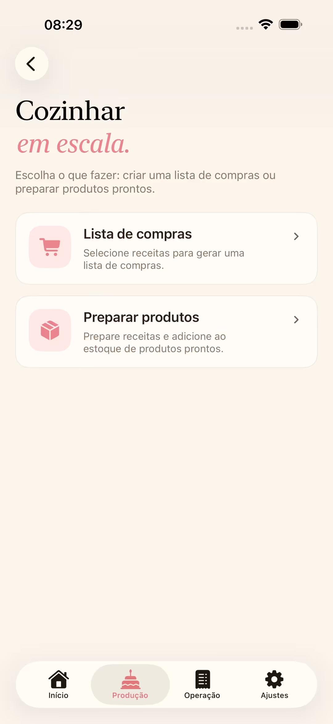 Tela Preparar receitas do Receitório no iPhone, com opções de gerar lista de compras ou adicionar ao estoque