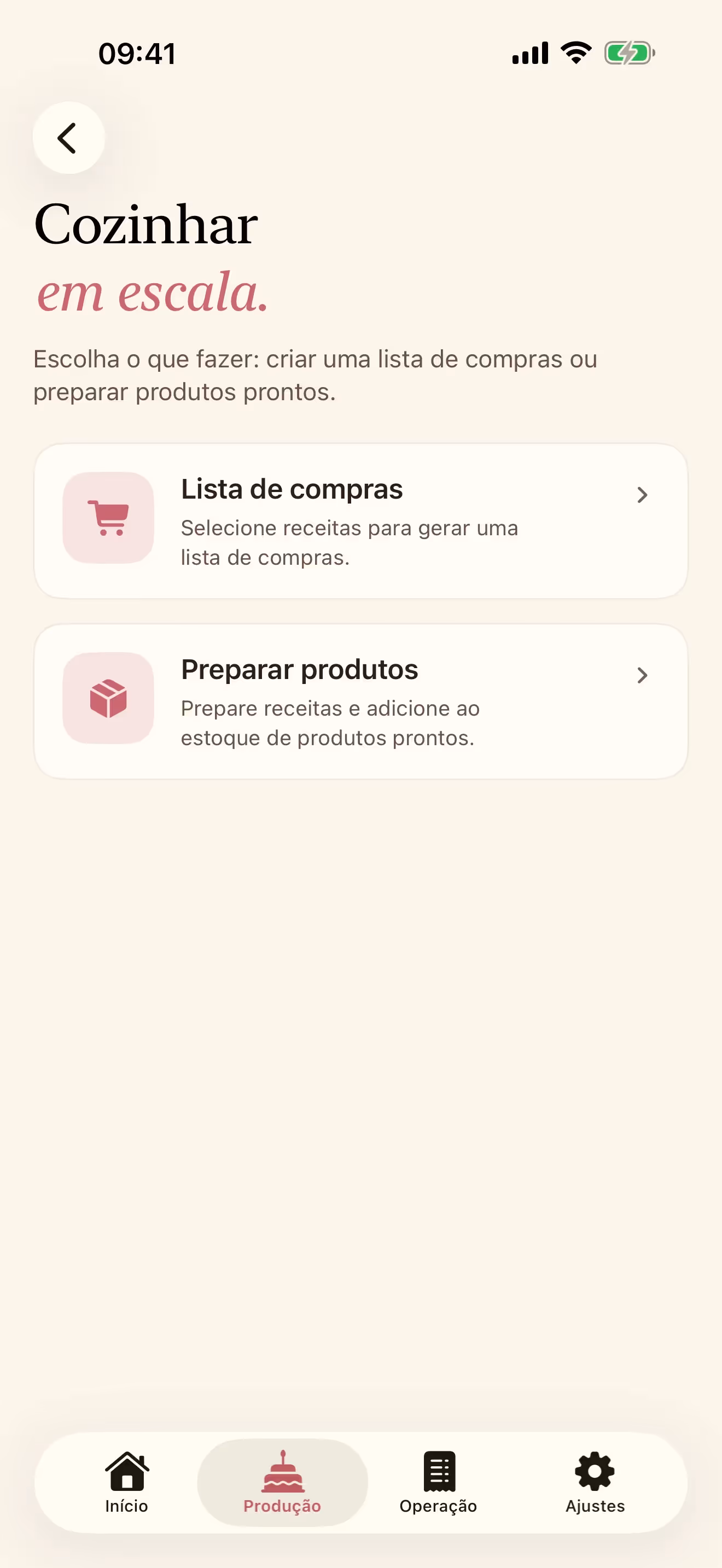 Tela Preparar receitas do Receitório no iPhone, com opções de gerar lista de compras ou adicionar ao estoque