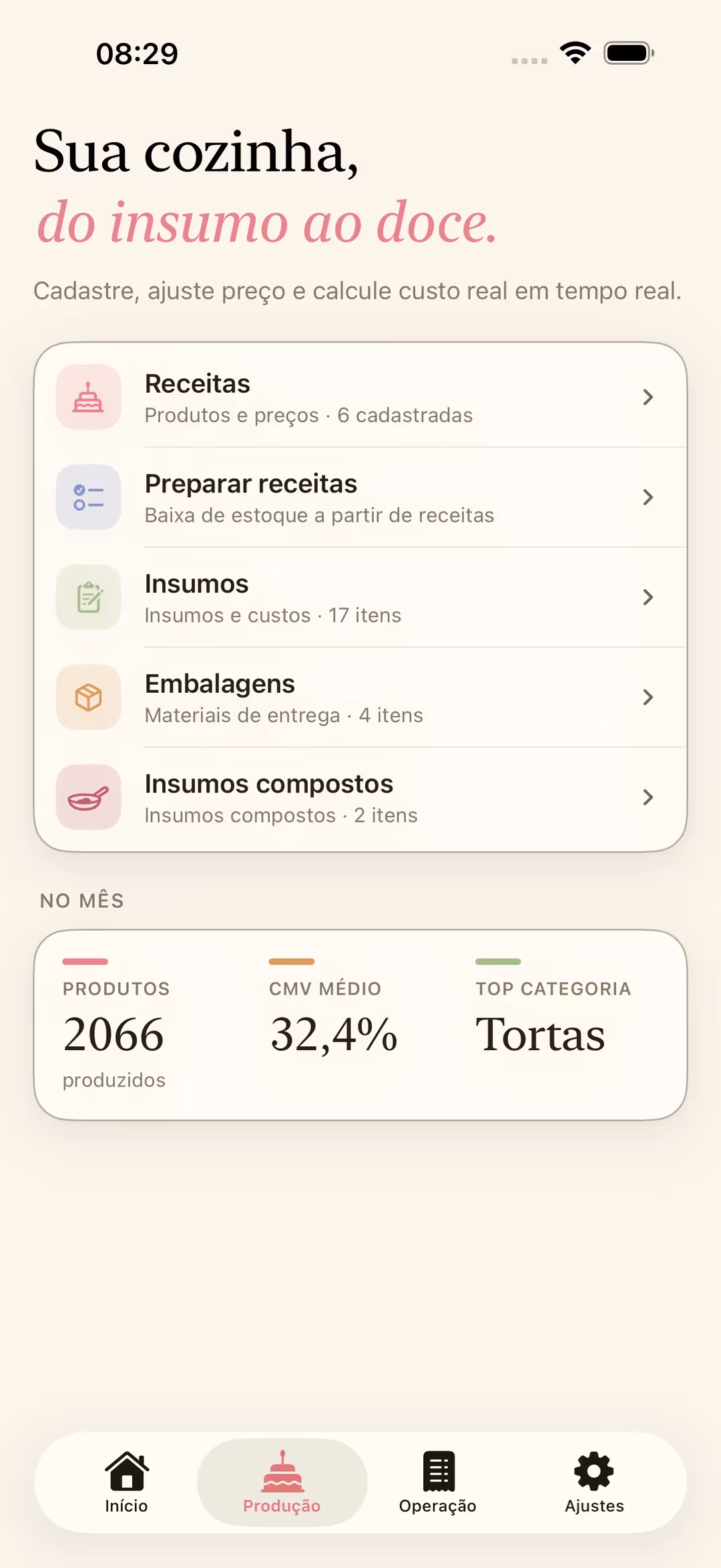 Tela Produção do Receitório no iPhone com áreas de receitas, insumos, embalagens e indicadores