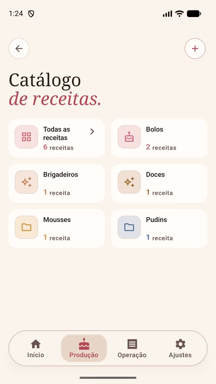 Tela Catálogo de receitas do Receitório no Android, com as categorias de doces e o total de receitas em cada uma