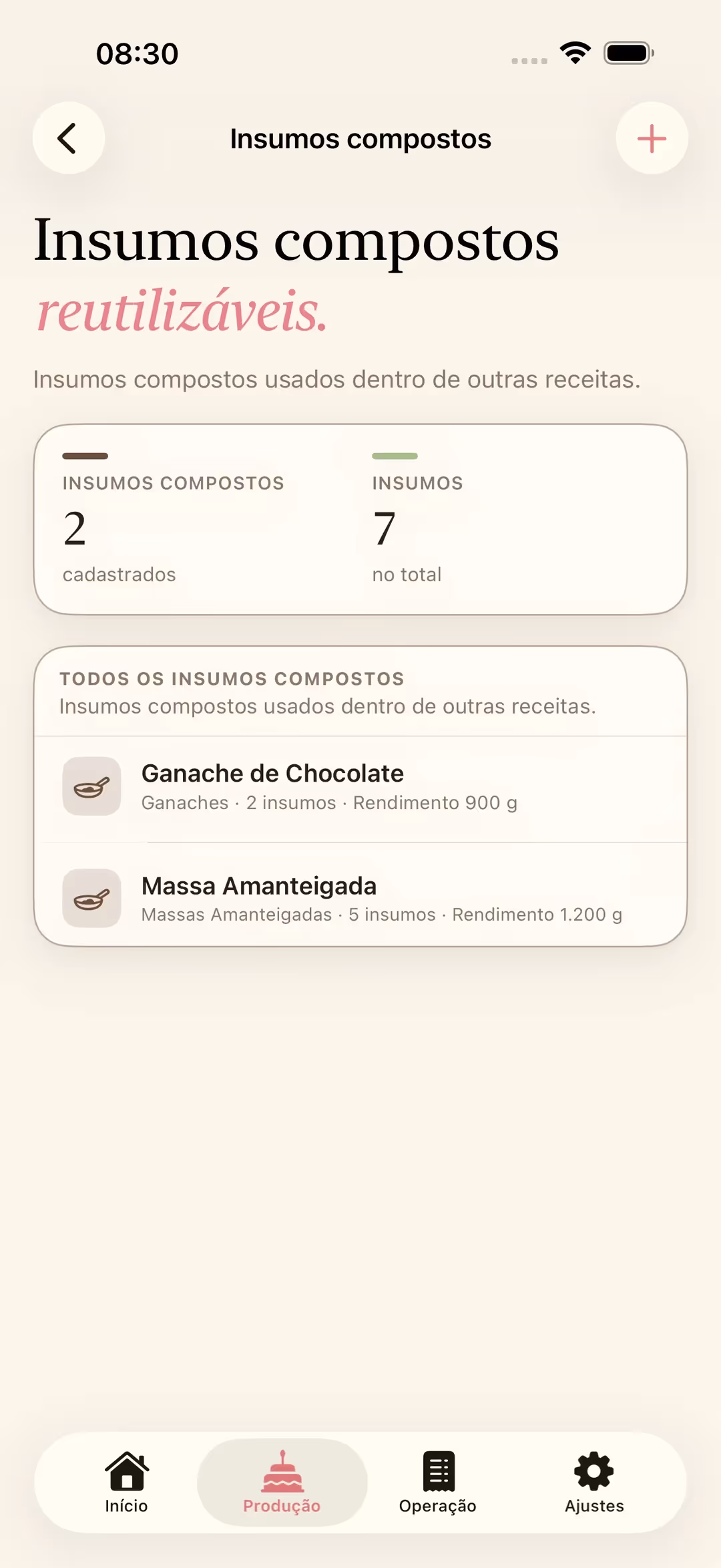 Tela Insumos compostos do Receitório no iPhone, mostrando insumos reutilizáveis em outras receitas