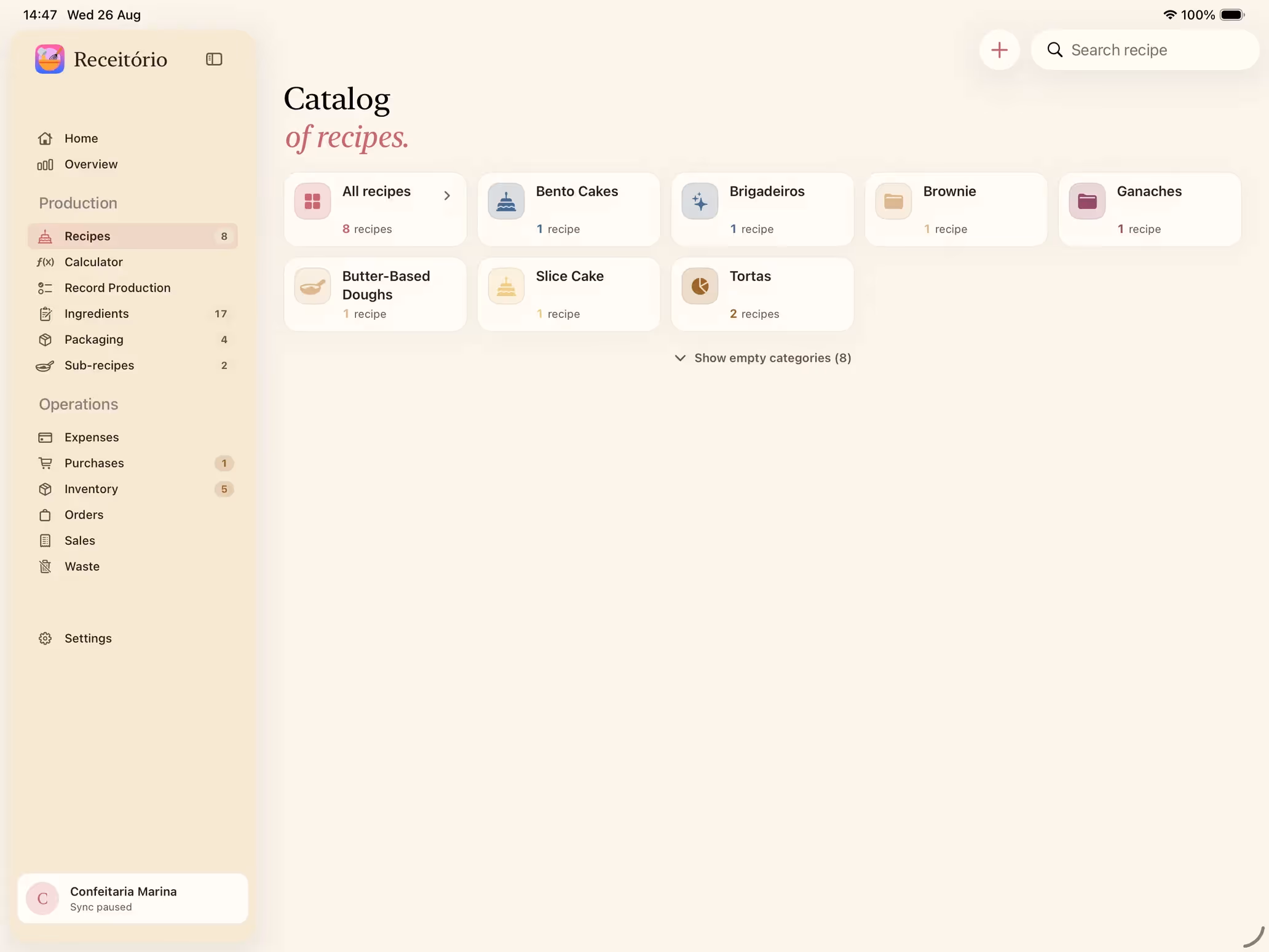 Het scherm Recepten van Receitório op iPad met de gekleurde categorieën
