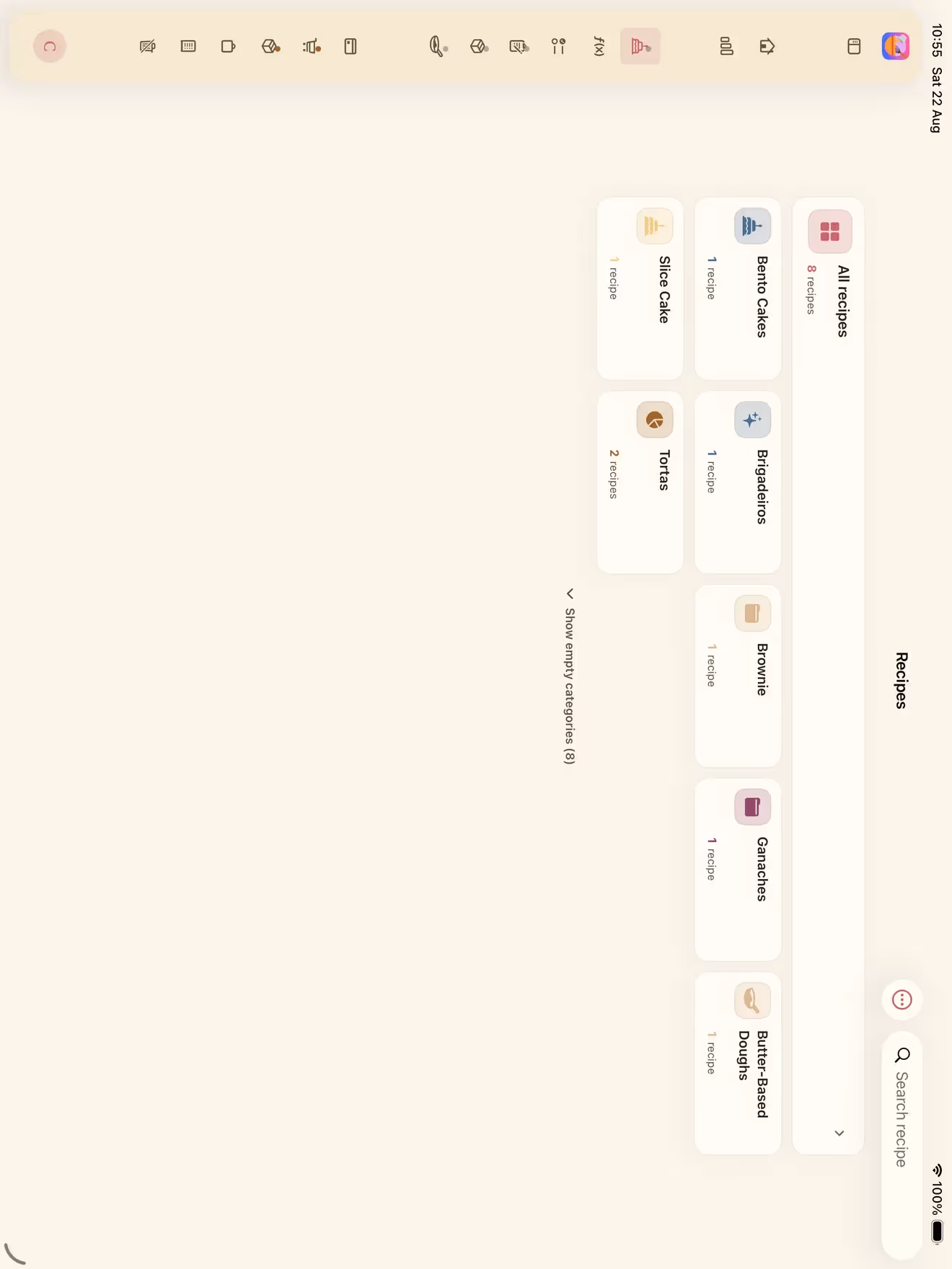 The Recipes screen in Receitório on iPad with coloured categories