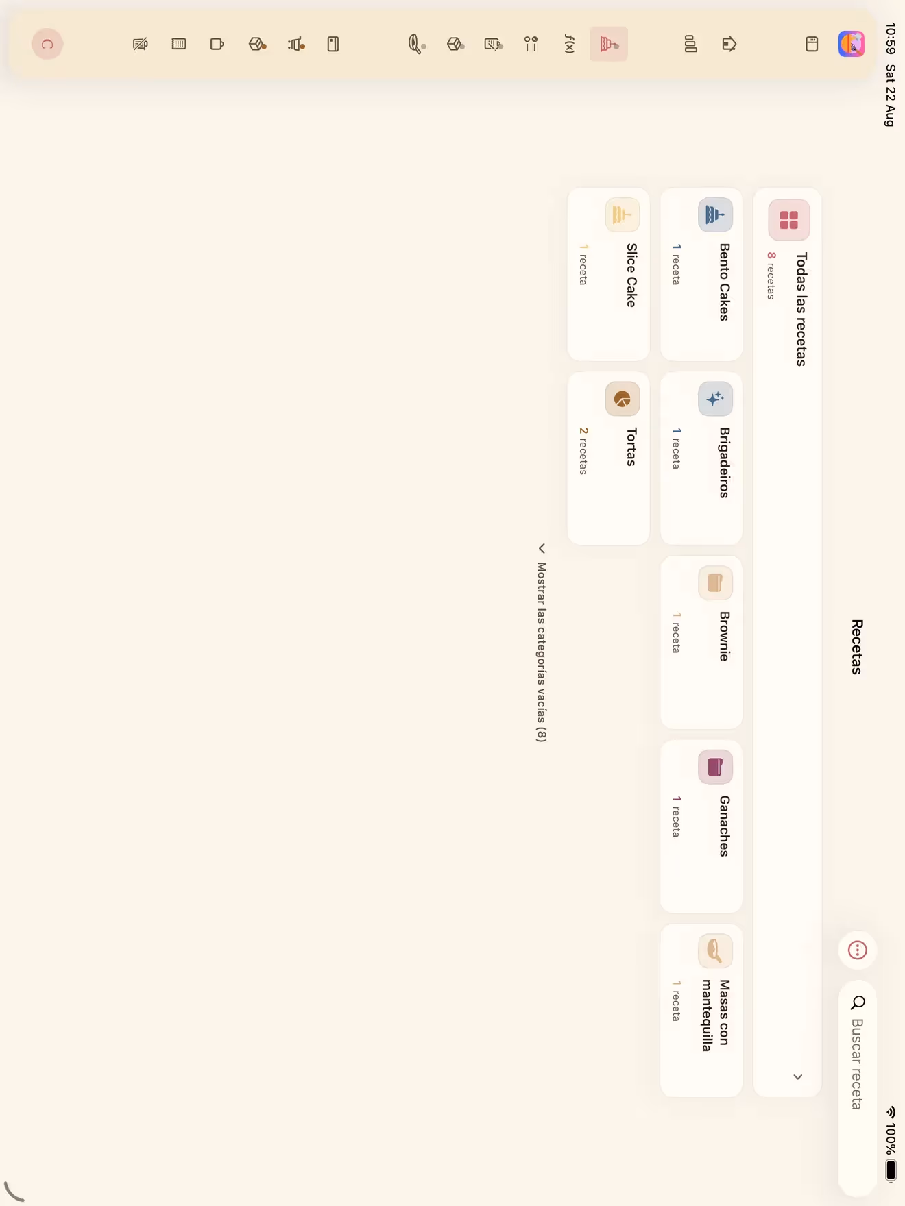 Pantalla Recetas de Receitório en iPad con las categorías de colores