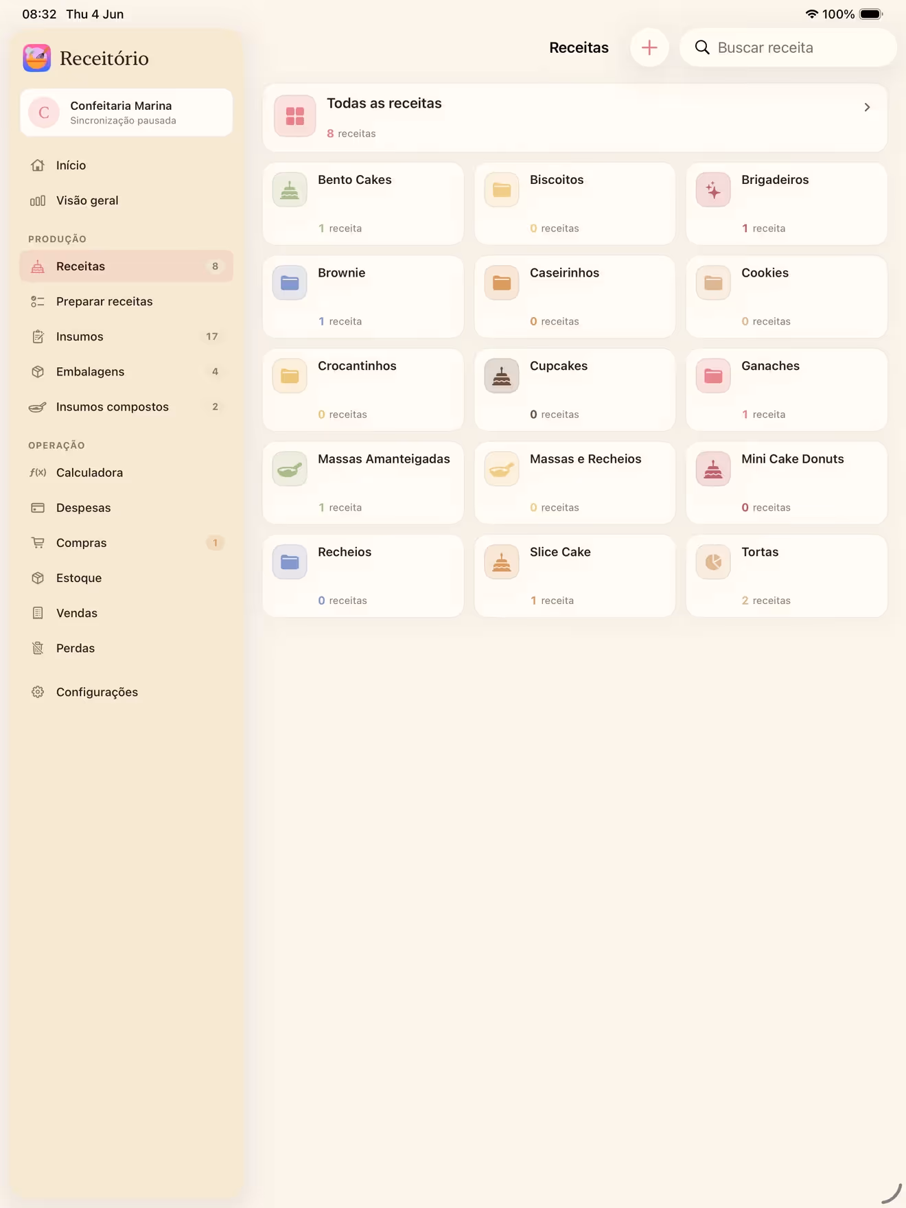 Tela Receitas do Receitório no iPad com categorias coloridas
