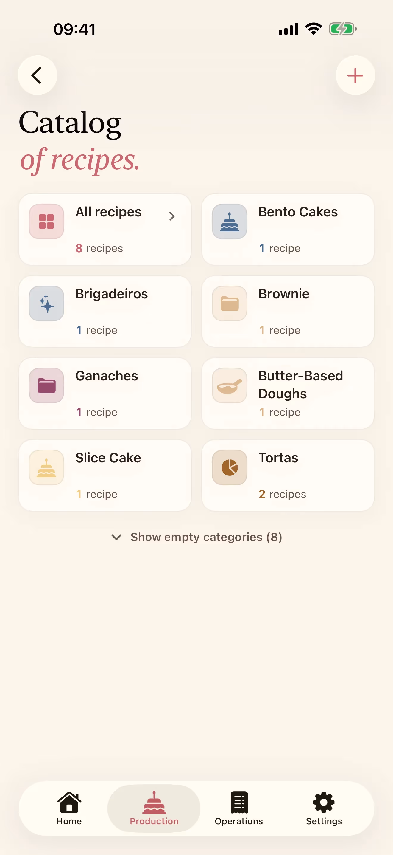 Het scherm Recepten van Receitório op iPhone, met de categorieën en hun gekleurde iconen