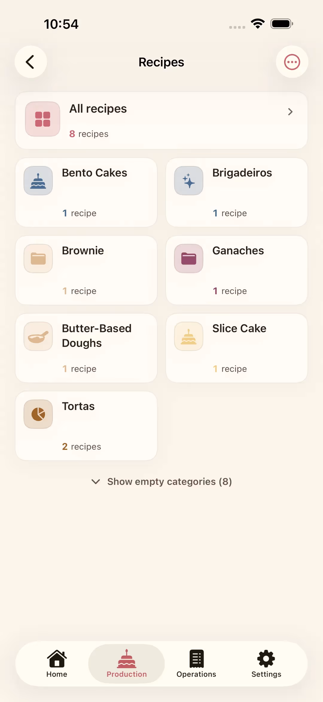 The Recipes screen in Receitório on iPhone, showing recipe categories with coloured icons