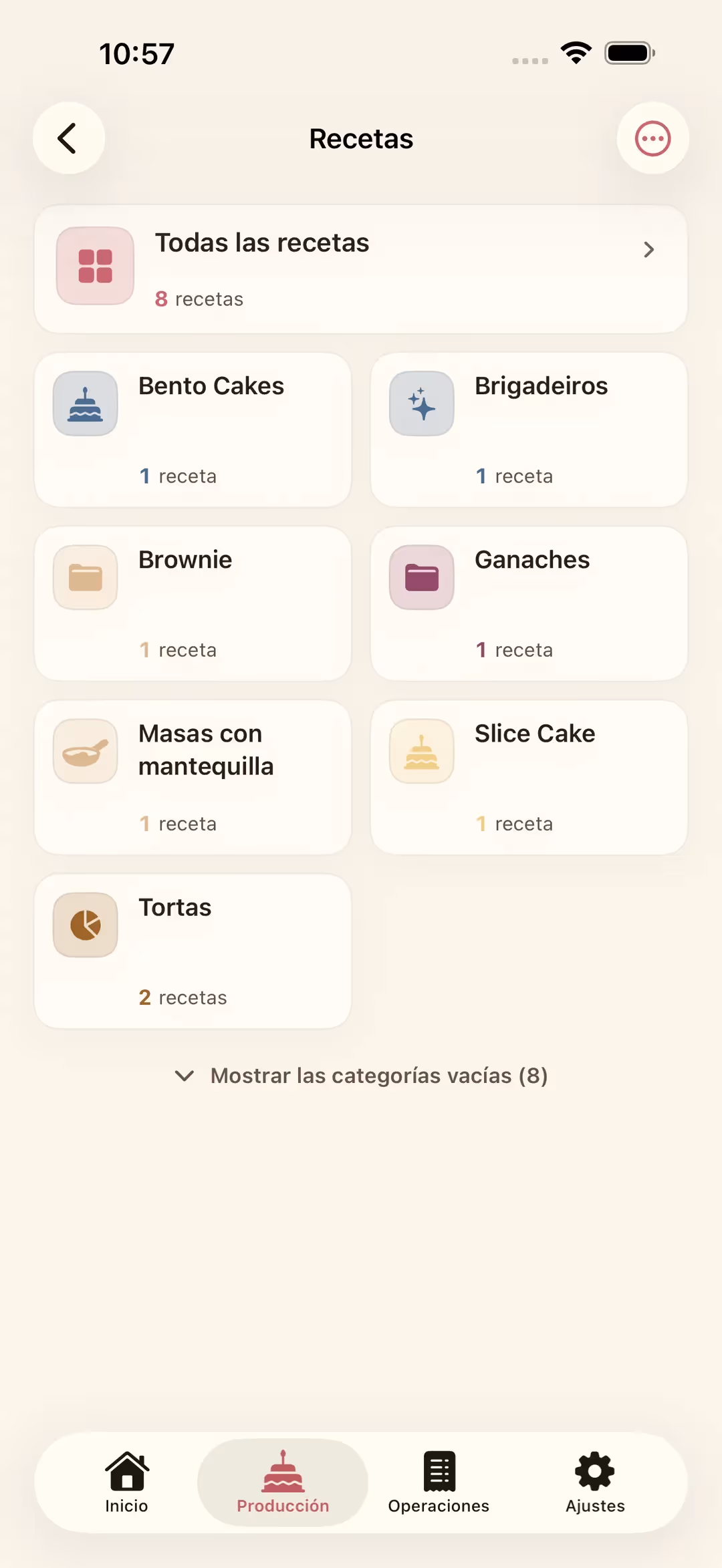 Pantalla Recetas de Receitório en iPhone, con las categorías de postres y sus iconos de color