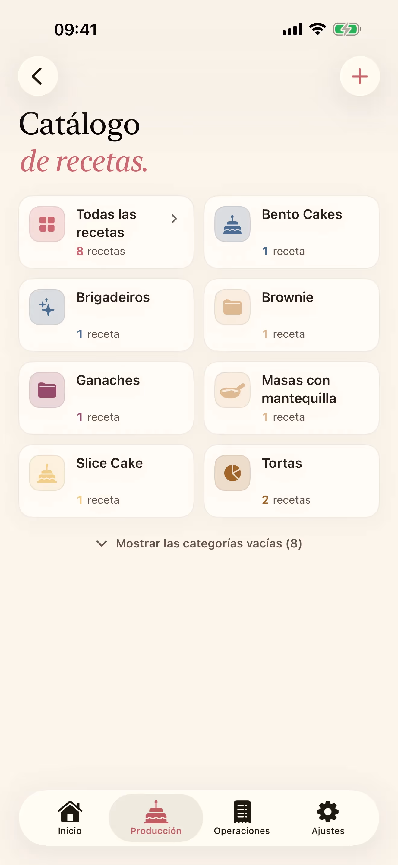 Pantalla Recetas de Receitório en iPhone, con las categorías de postres y sus iconos de color