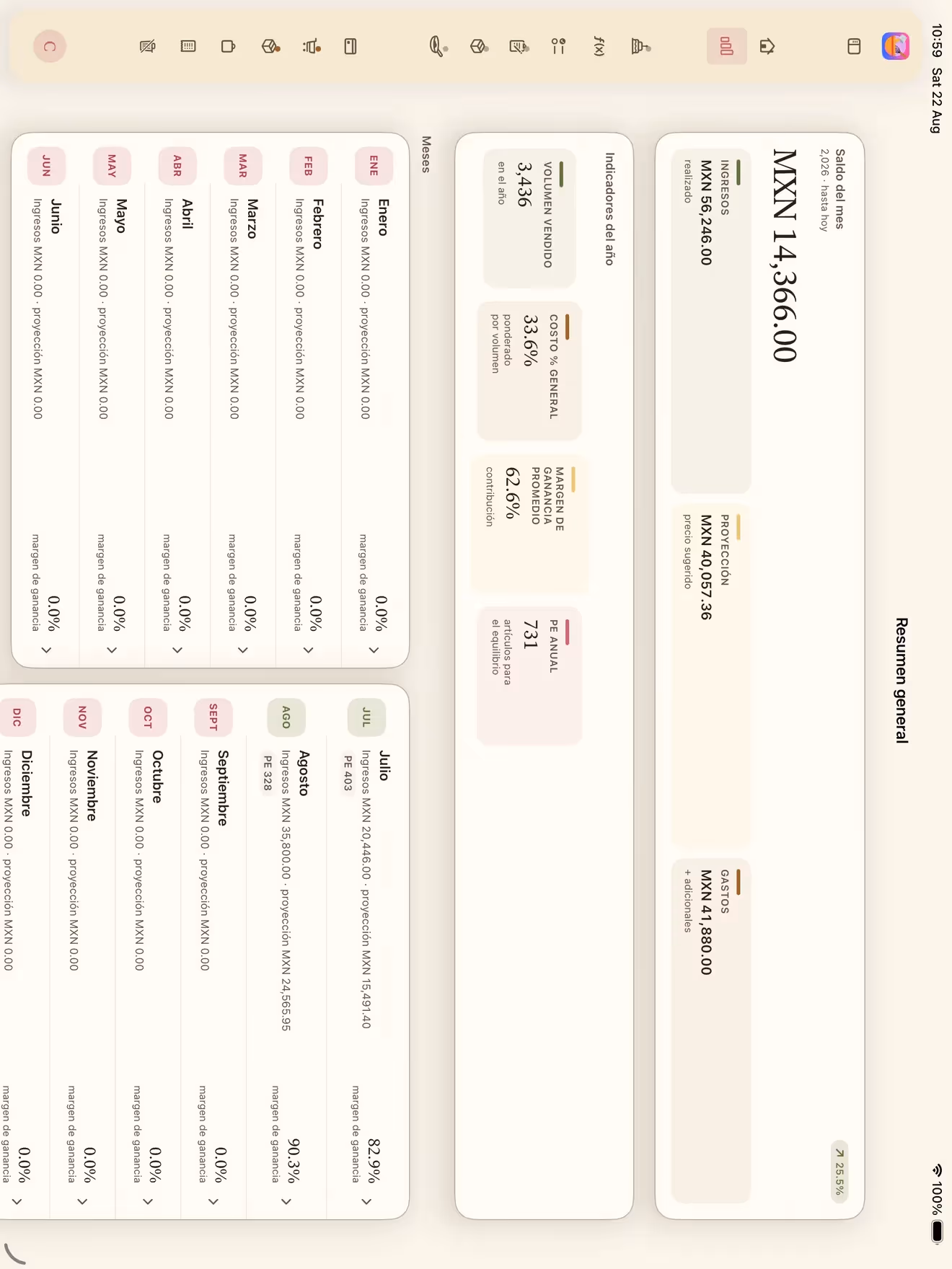 Pantalla Resumen general de Receitório en iPad con el saldo del mes, los indicadores y el historial