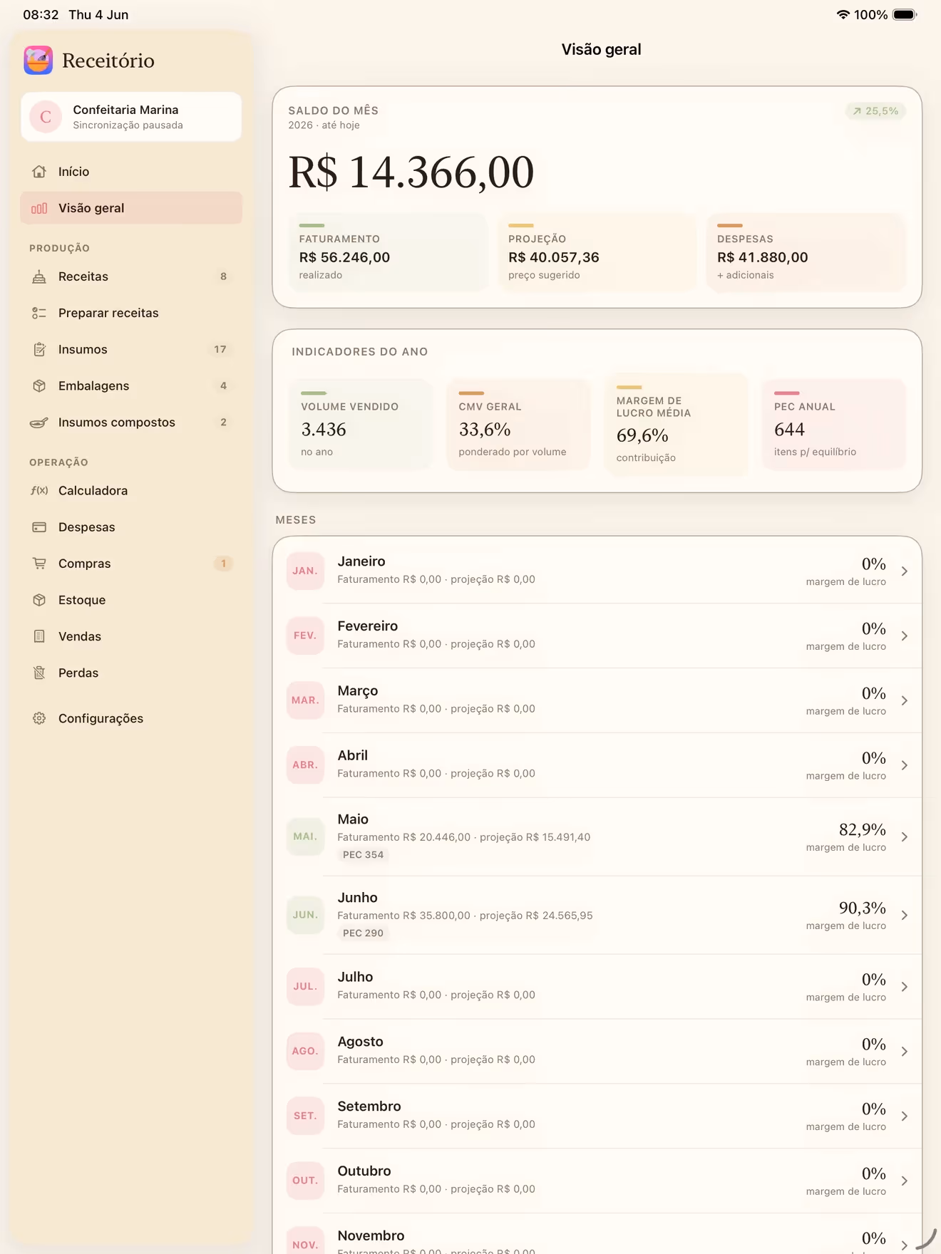 Tela Visão geral do Receitório no iPad com saldo do mês, indicadores e histórico
