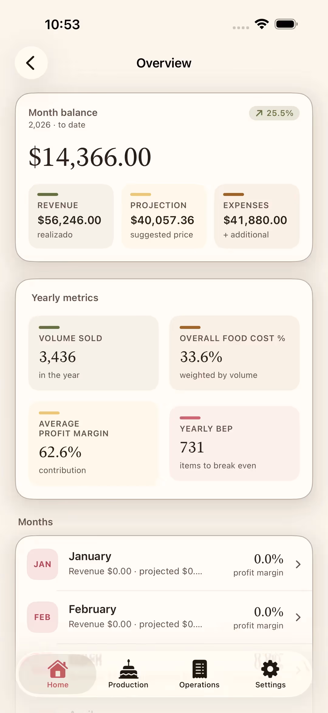 The Overview screen in Receitório on iPhone with the month's balance, yearly figures and monthly history