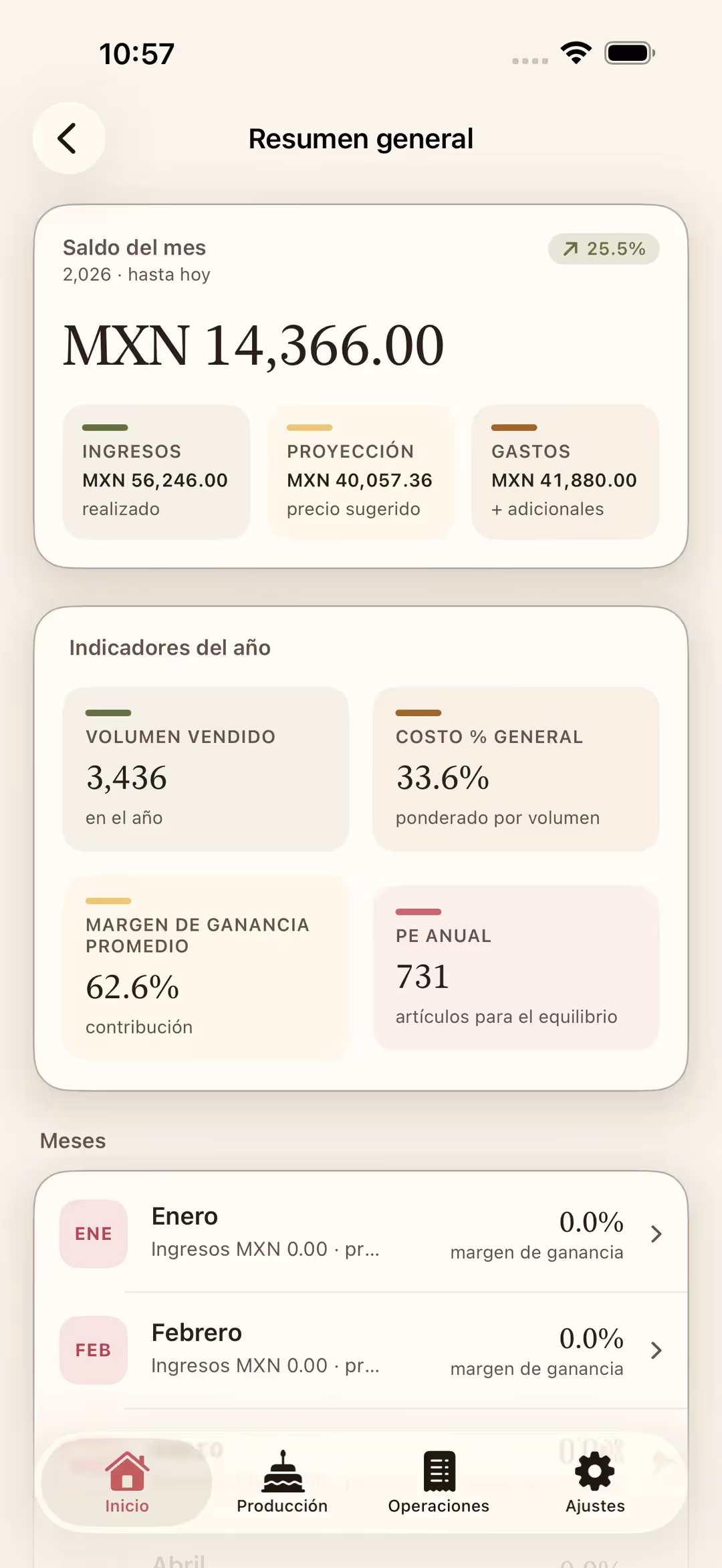 Pantalla Resumen general de Receitório en iPhone con el saldo del mes, los indicadores del año y el historial mensual