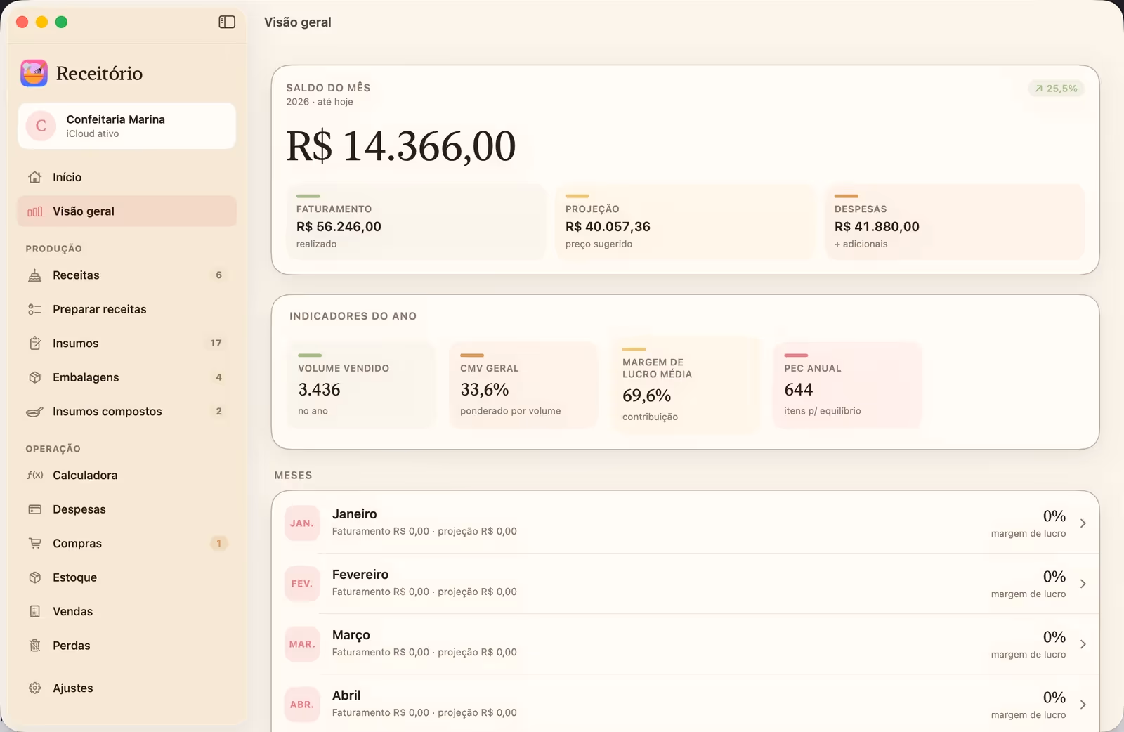 Prévia do Receitório no Mac: tela Visão geral com saldo do mês, indicadores do ano e histórico mensal