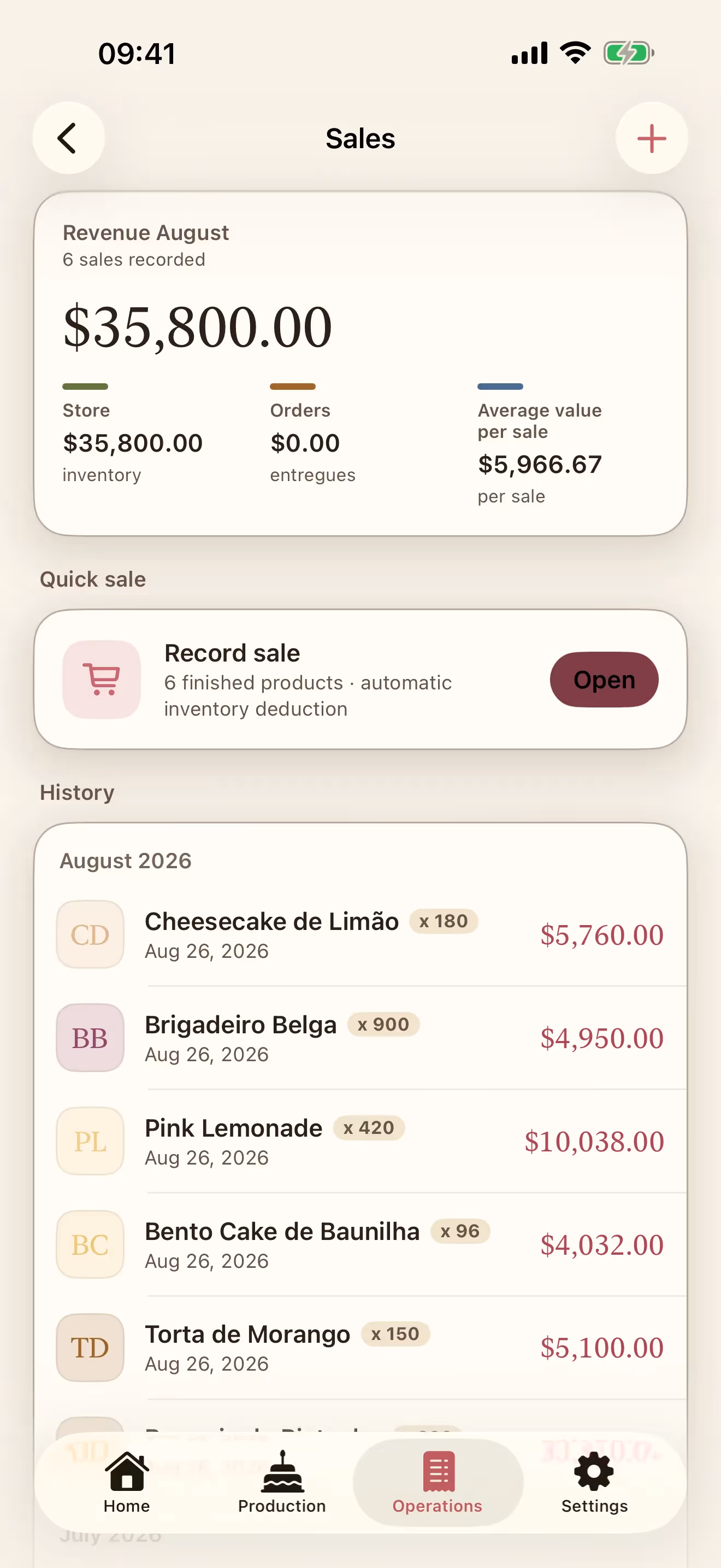 Het scherm Verkoop van Receitório op iPhone met de omzet van de maand, snel verkopen en de verkoopgeschiedenis