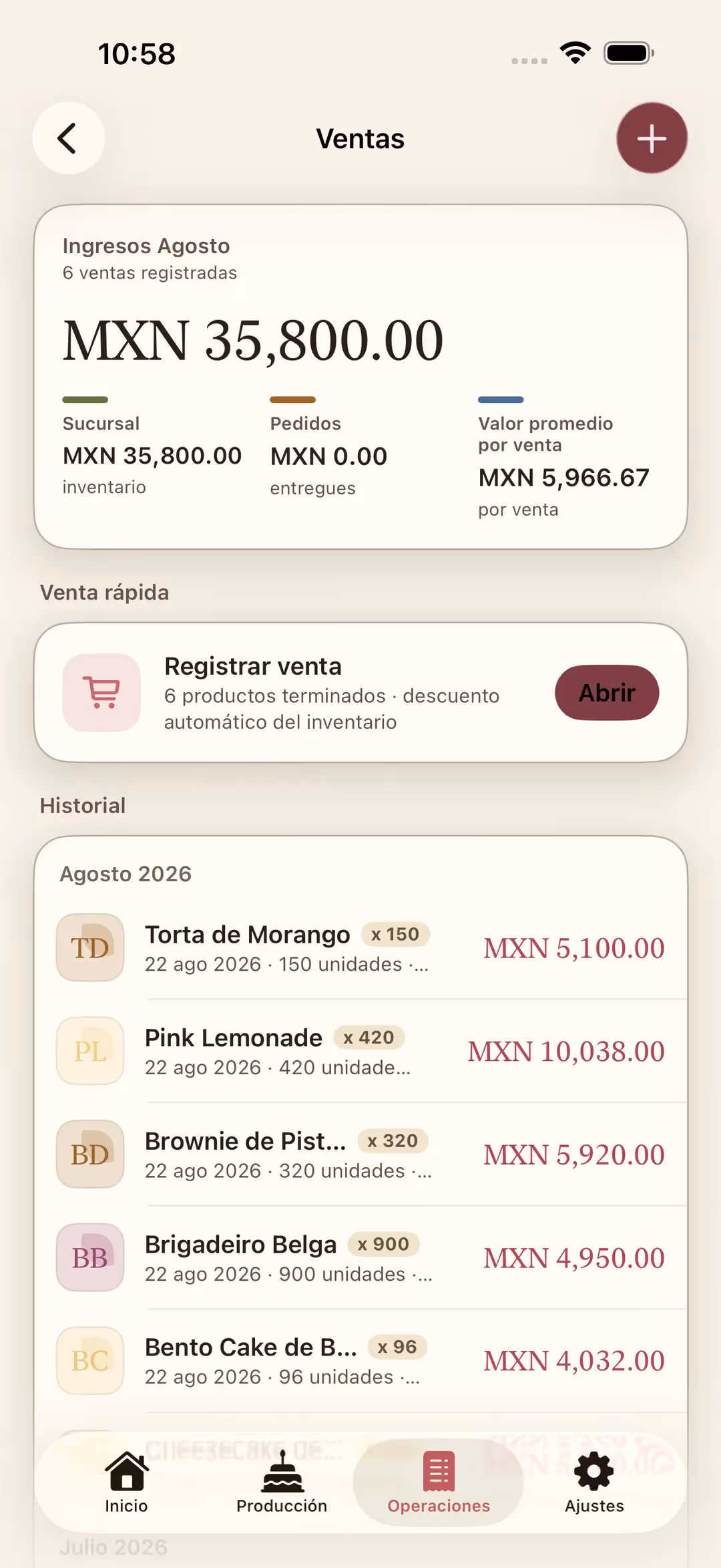 Pantalla Ventas de Receitório en iPhone con los ingresos del mes, la venta rápida y el historial de ventas
