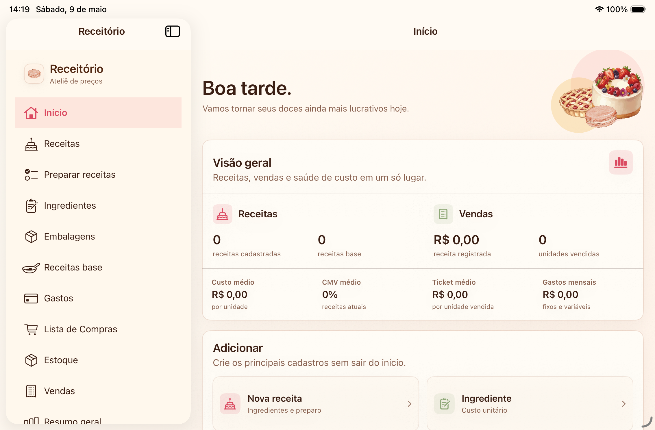 Tela inicial do Receitório no iPad